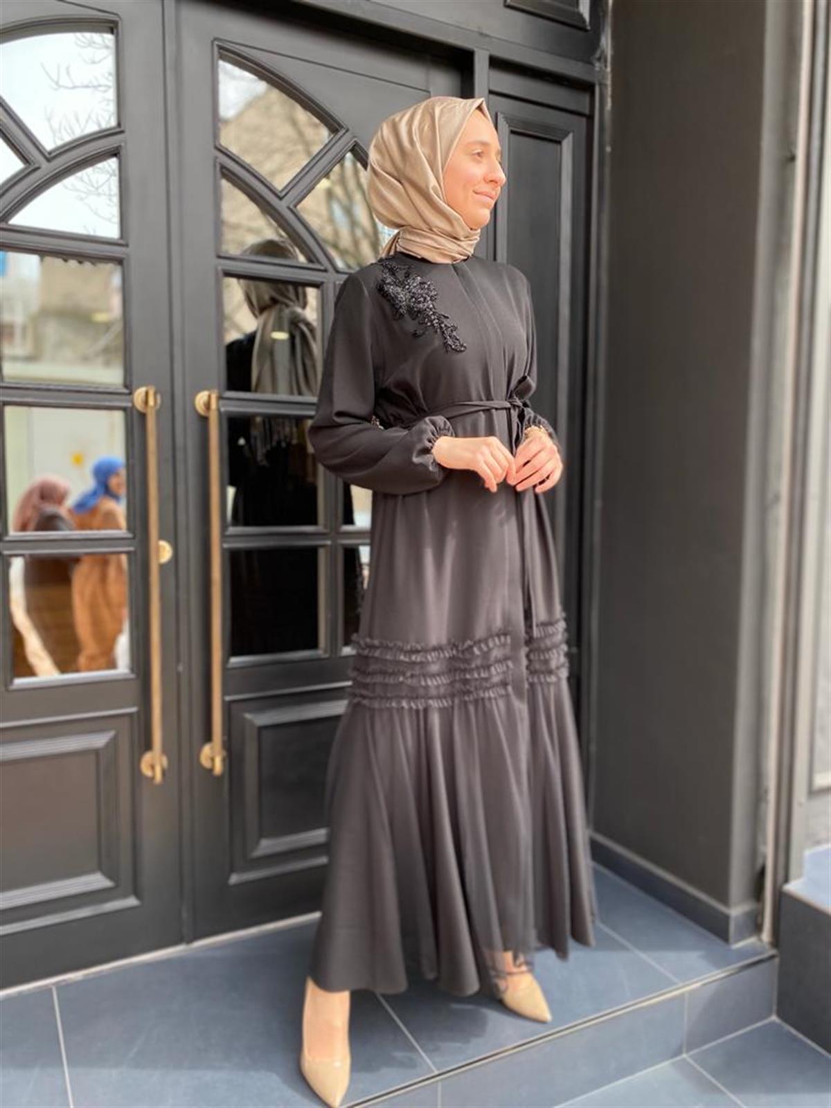 Nurcan Çetin Etek Tül Detay Abiye Ferace Siyah 6613