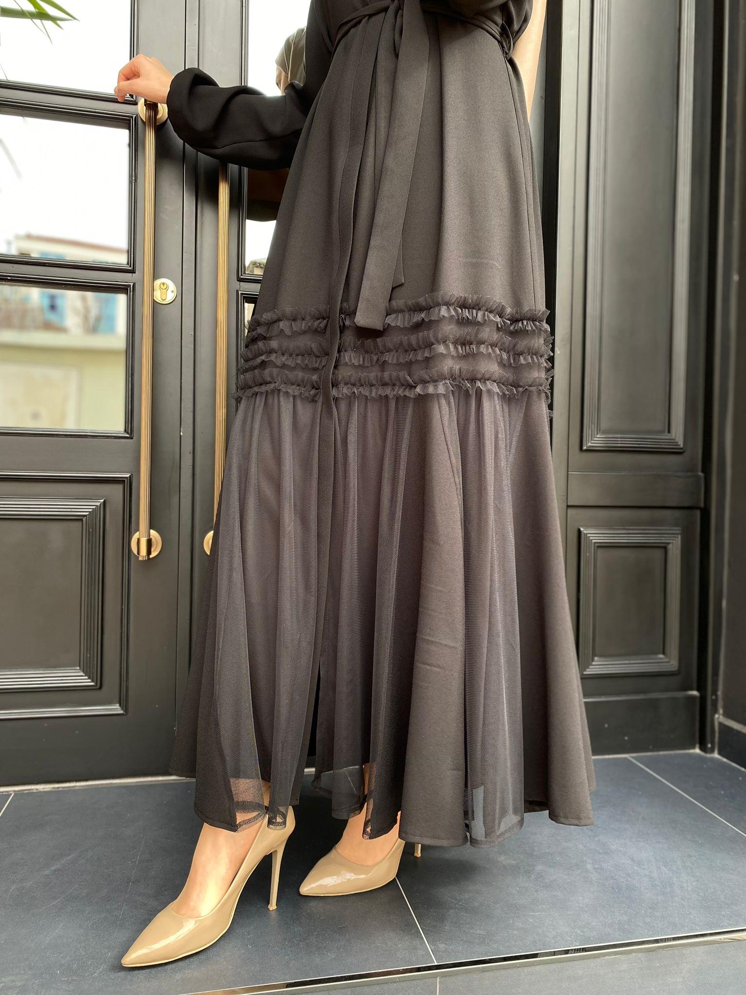 Nurcan Çetin Etek Tül Detay Abiye Ferace Siyah 6913