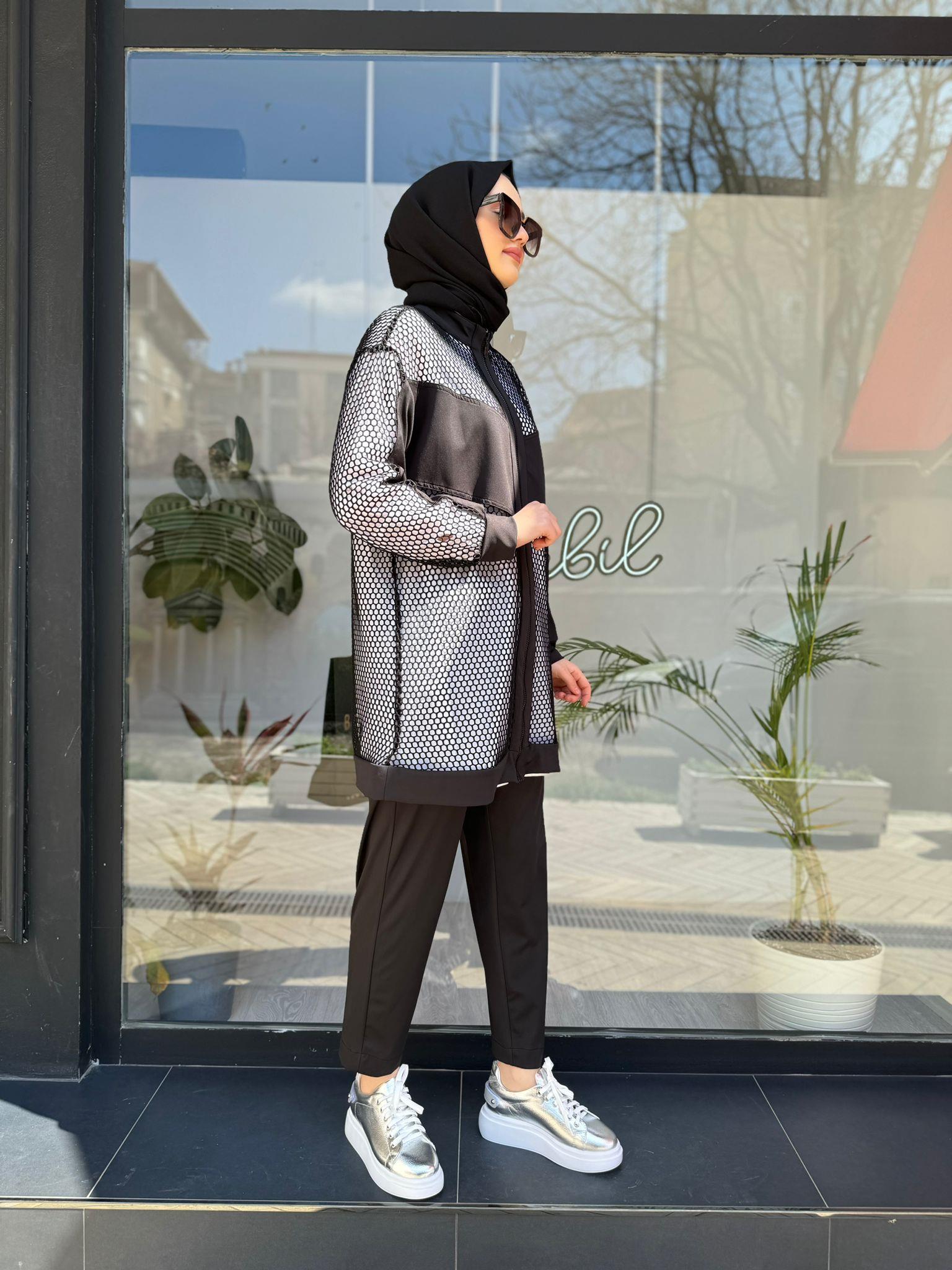 Nurcan Çetin File Detaylı Gömlek Takım Siyah 24620