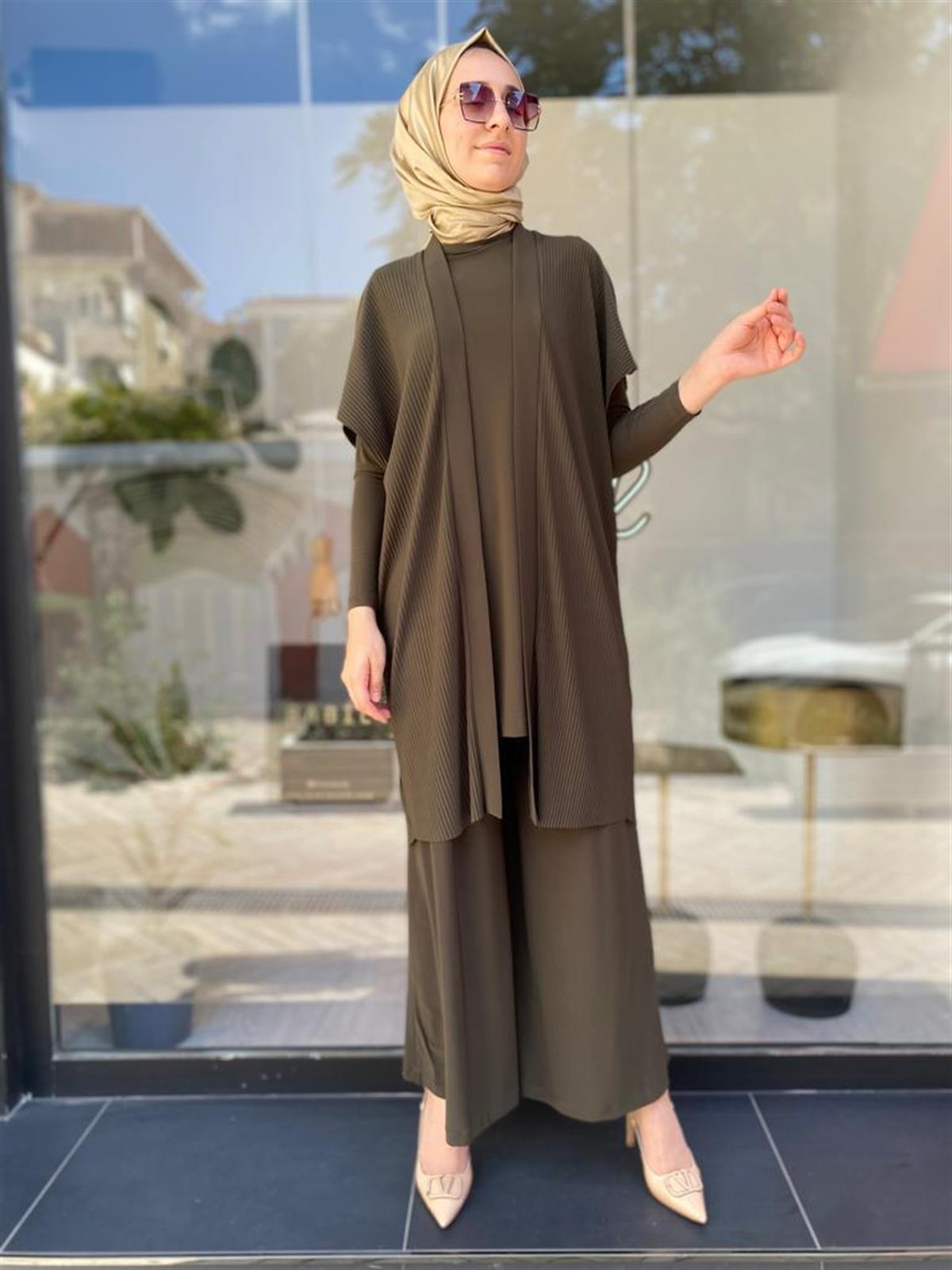 Nurcan Çetin Fitil Görünümlü Bol Paça Pantolon Takım 23434