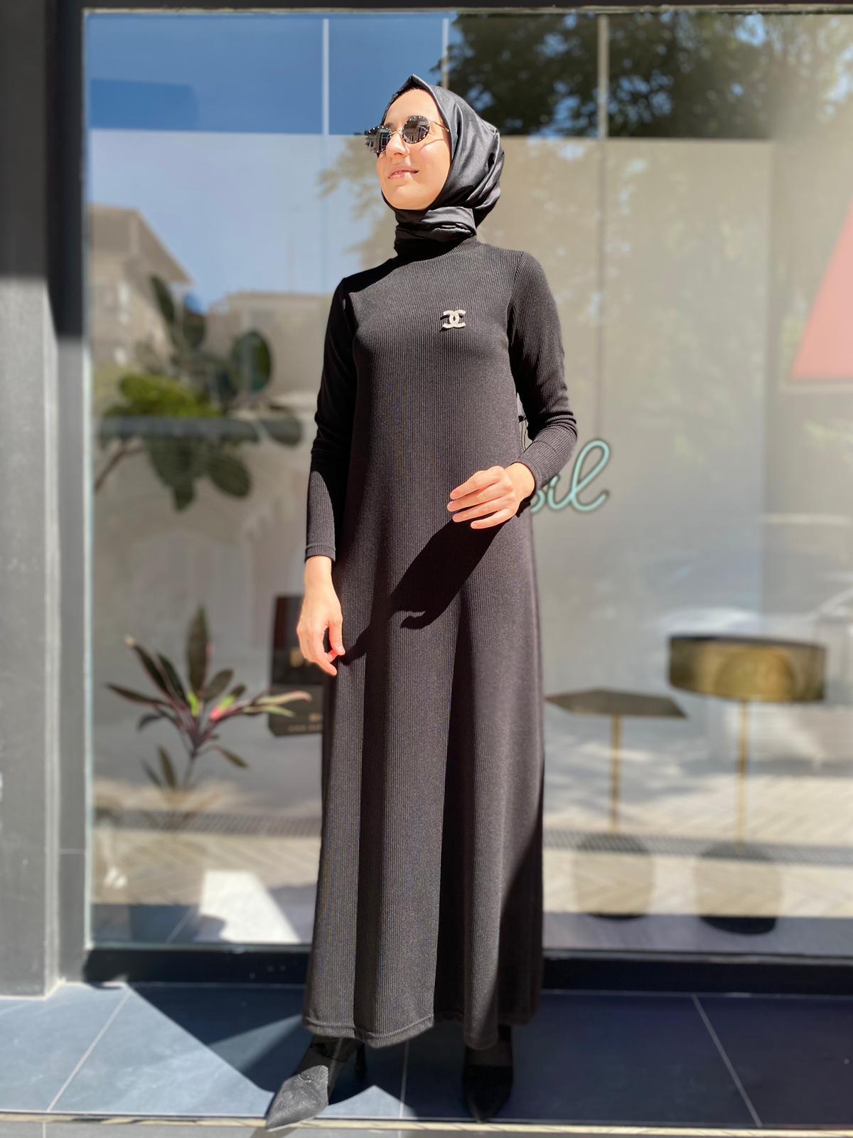 Nurcan Çetin Fitilli Triko Elbise Siyah 24101 - Babilbutik