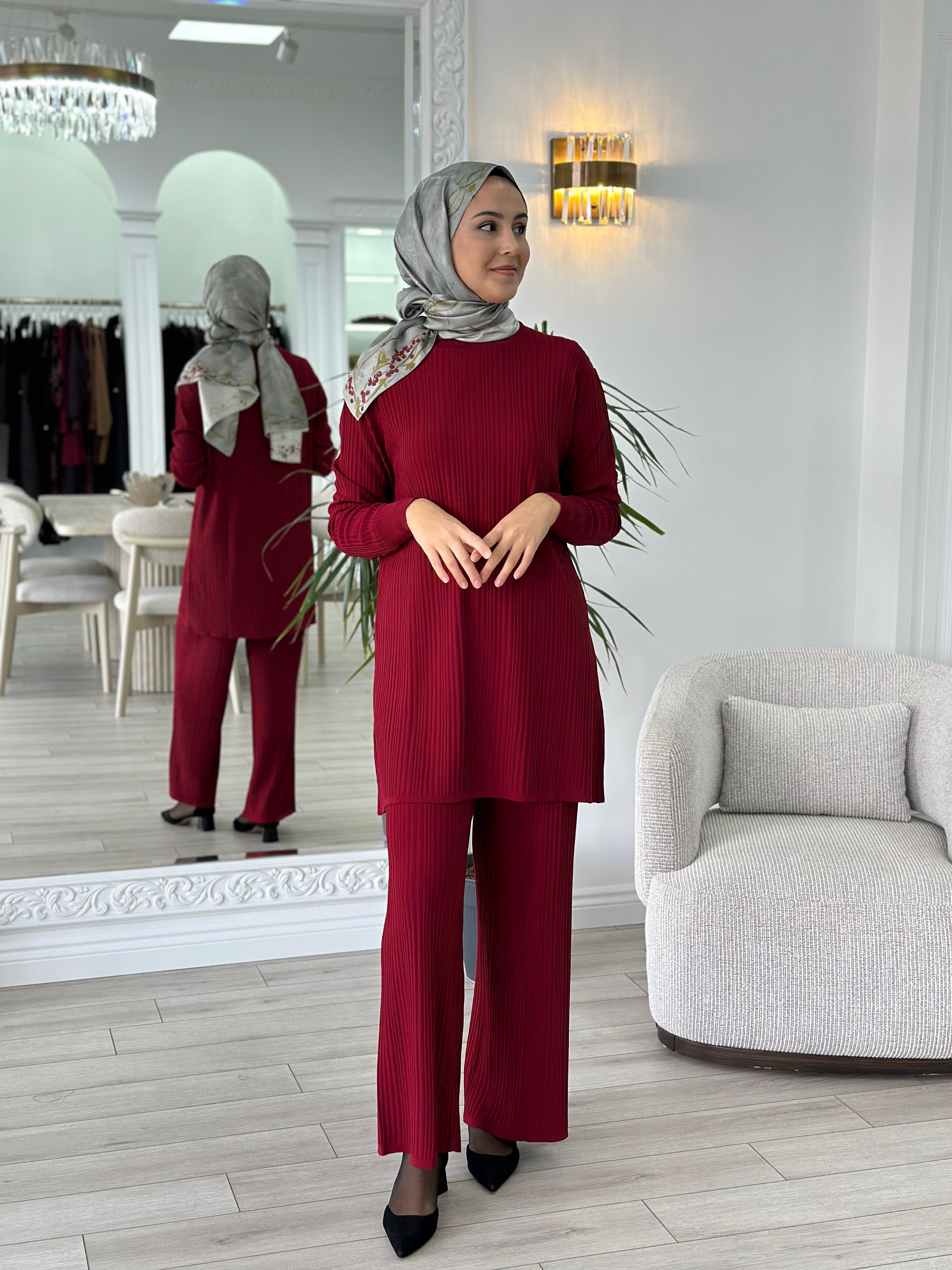 Nurcan Çetin Fitilli Triko Takım Bordo NÇ012