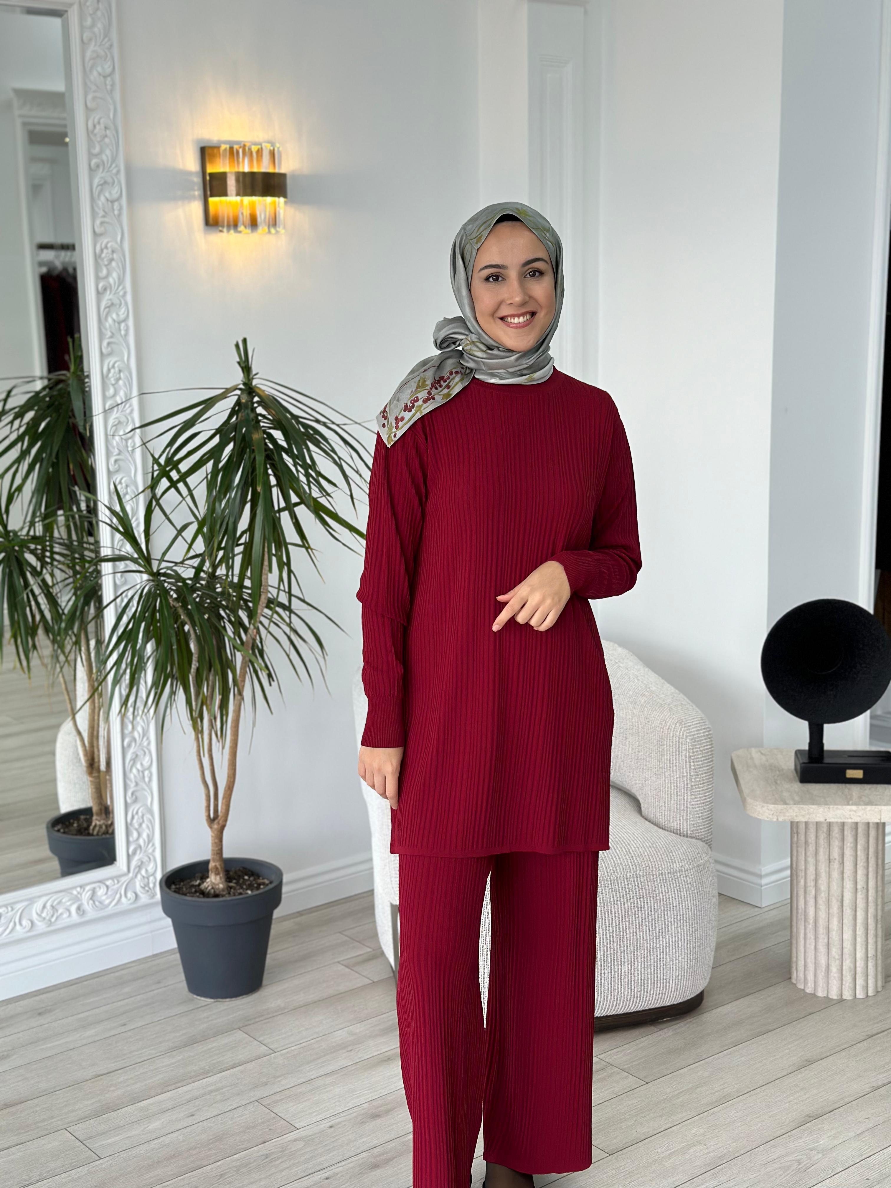 Nurcan Çetin Fitilli Triko Takım Bordo NÇ012