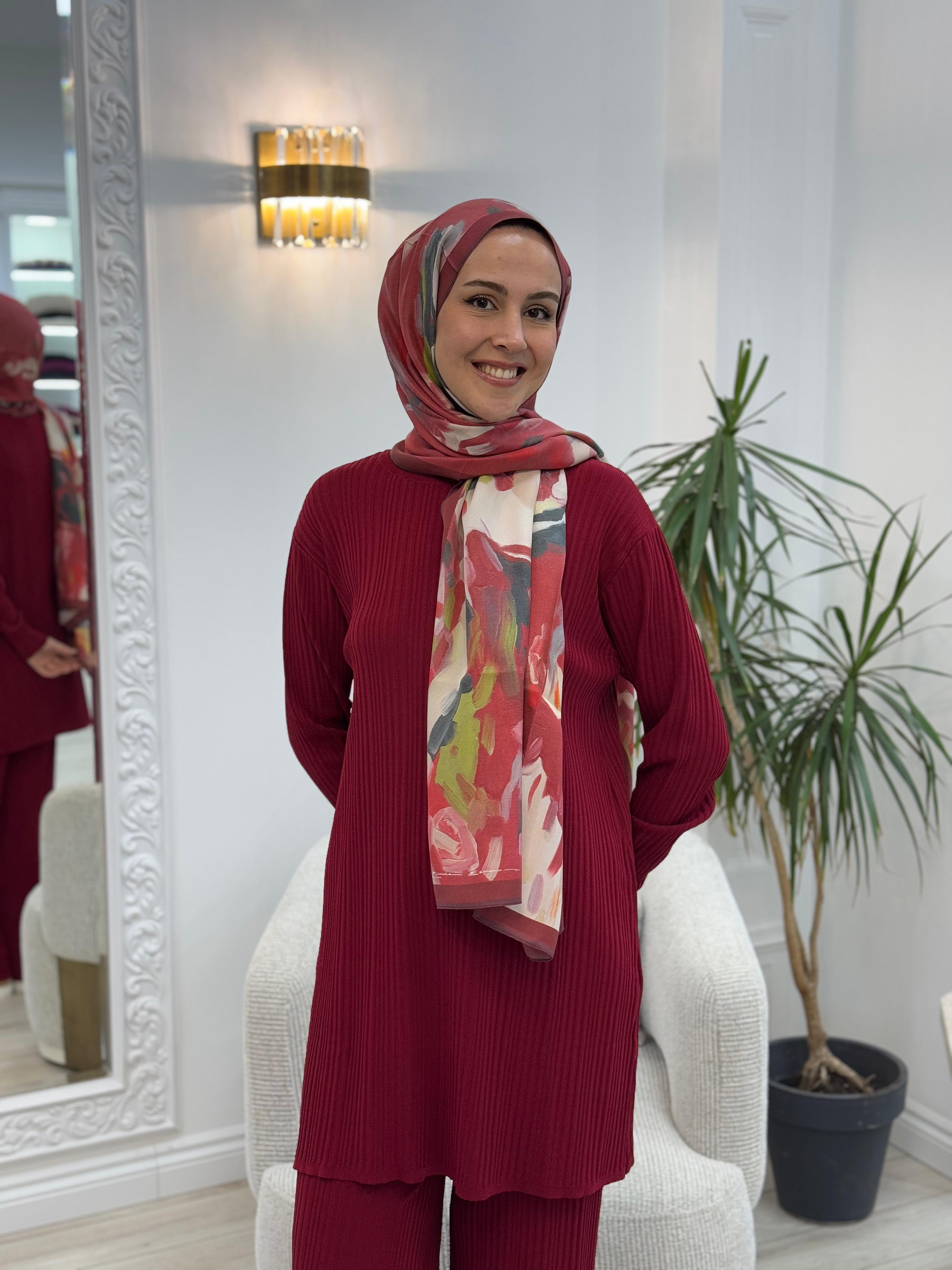 Nurcan Çetin Fitilli Triko Takım Bordo NÇ012