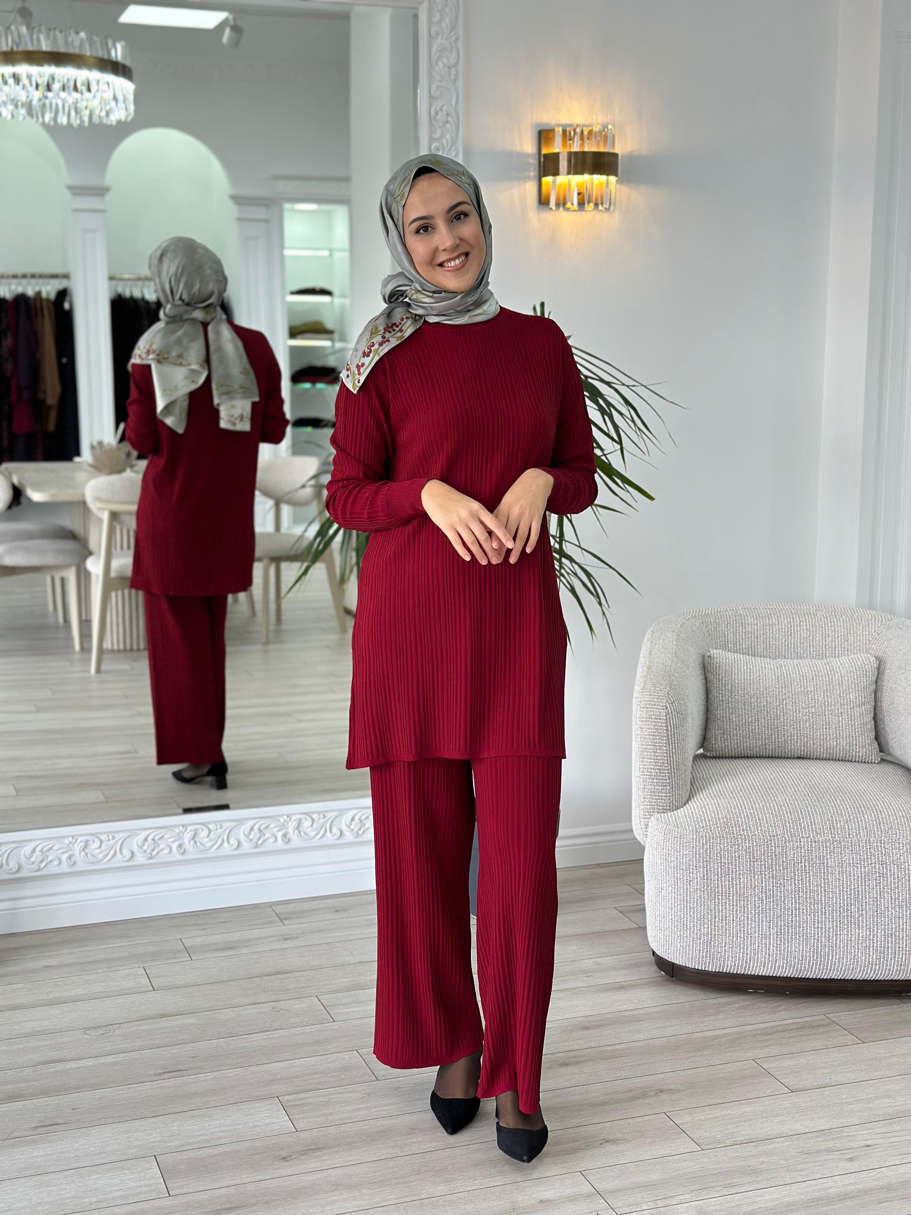 Nurcan Çetin Fitilli Triko Takım Bordo NÇ012
