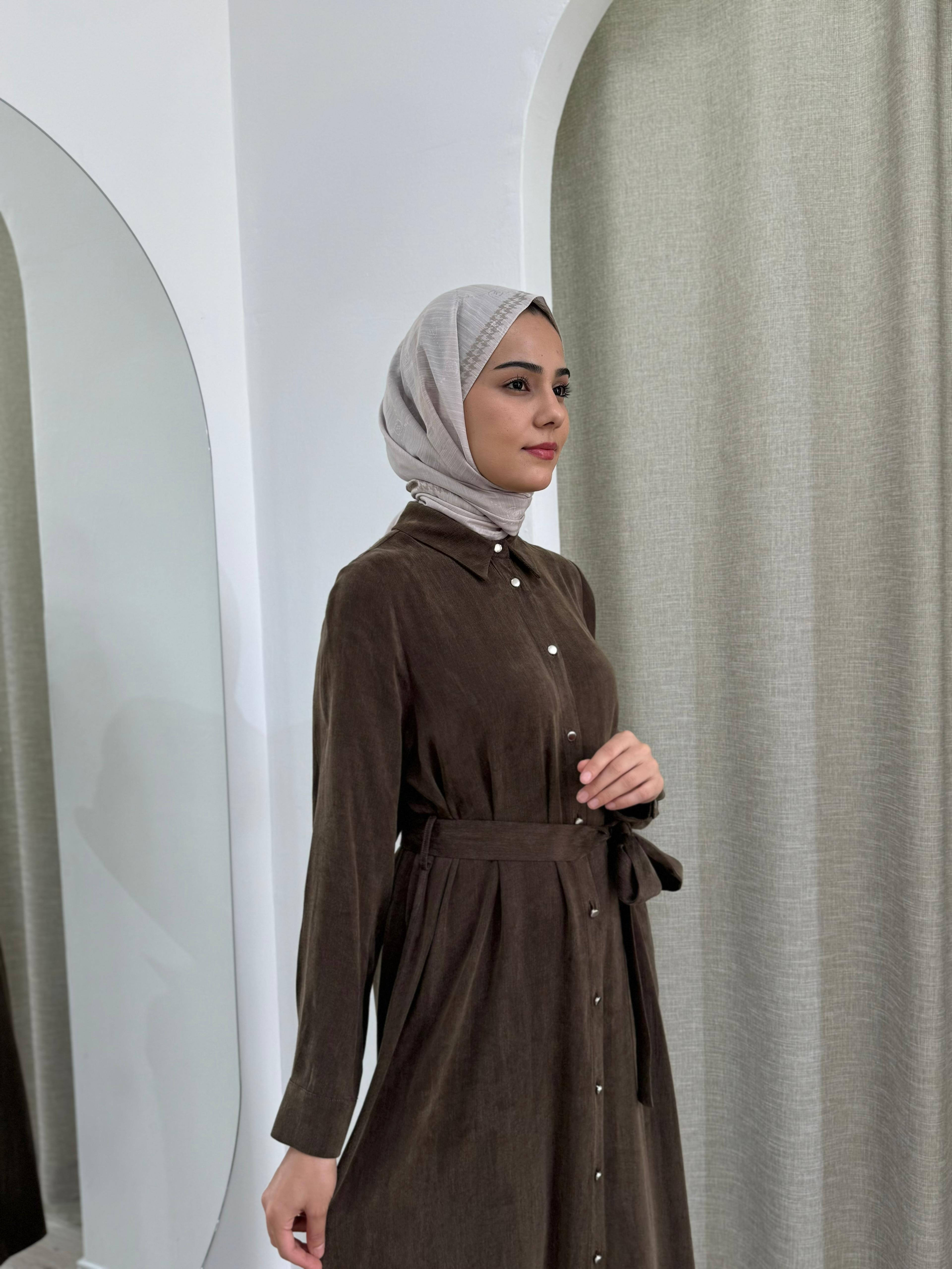 Nurcan Çetin Gömlek Elbise Kahve 25143