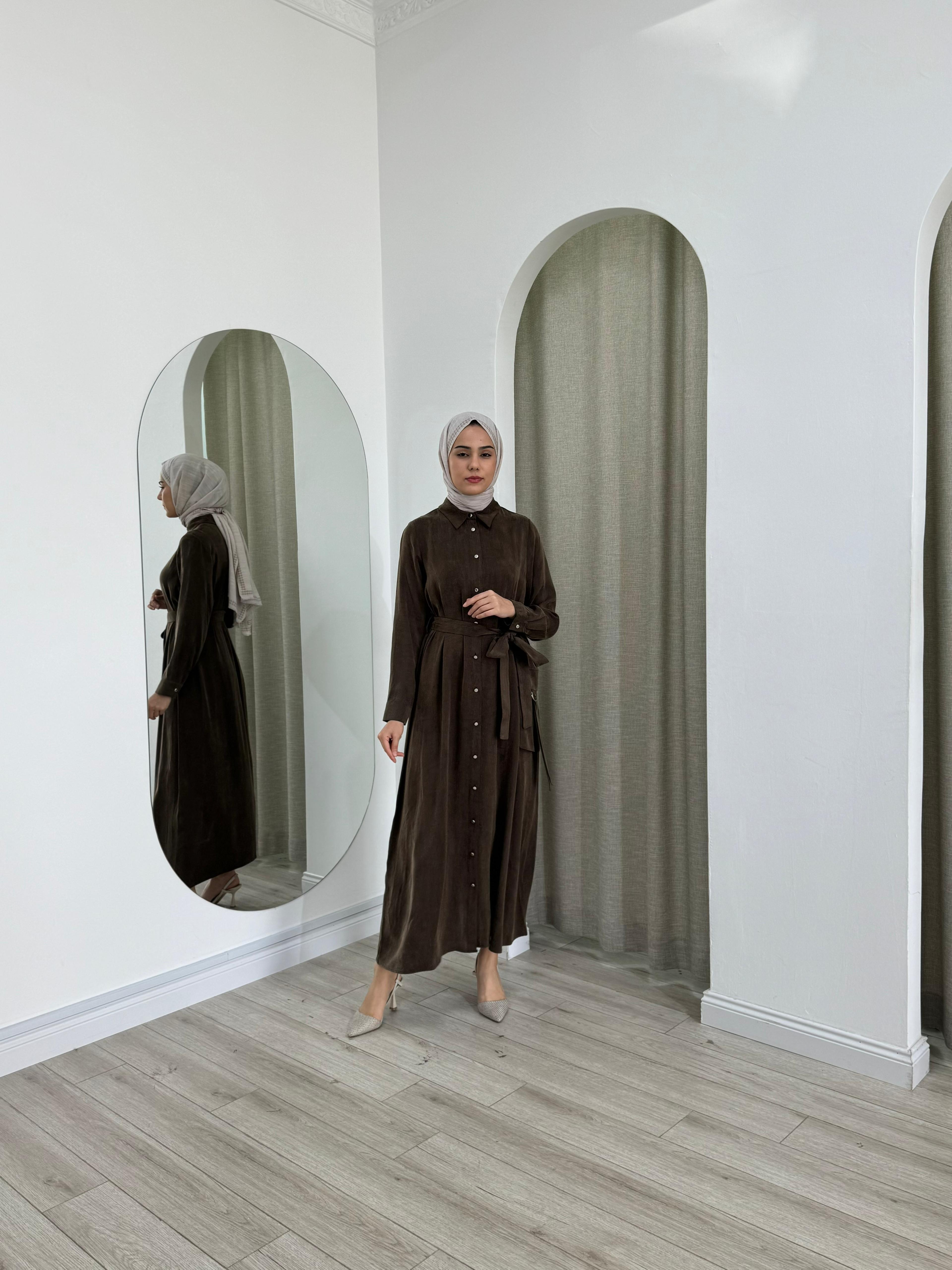Nurcan Çetin Gömlek Elbise Kahve 25143