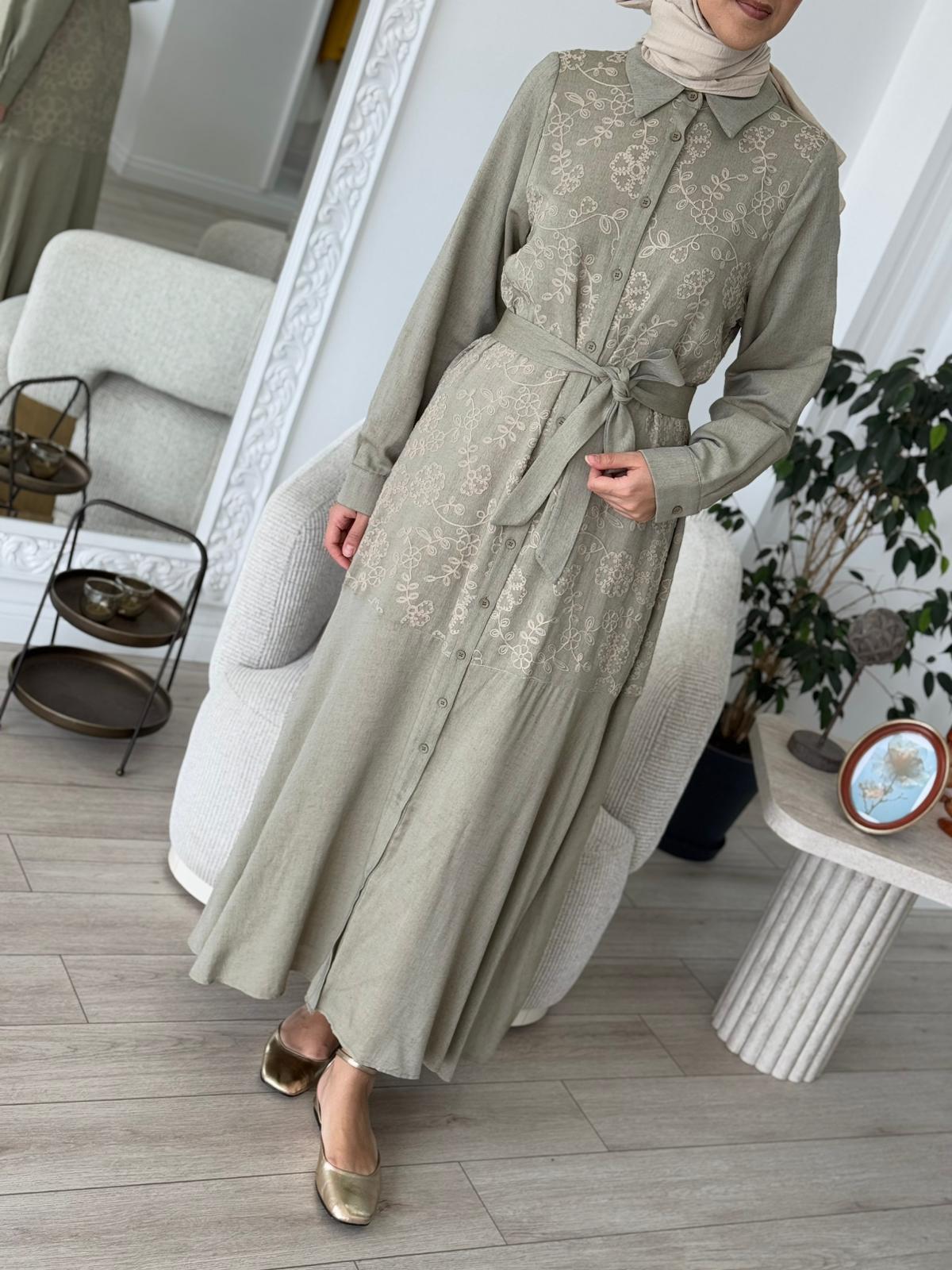 Nurcan Çetin İşleme Detaylı Elbise Haki 25144