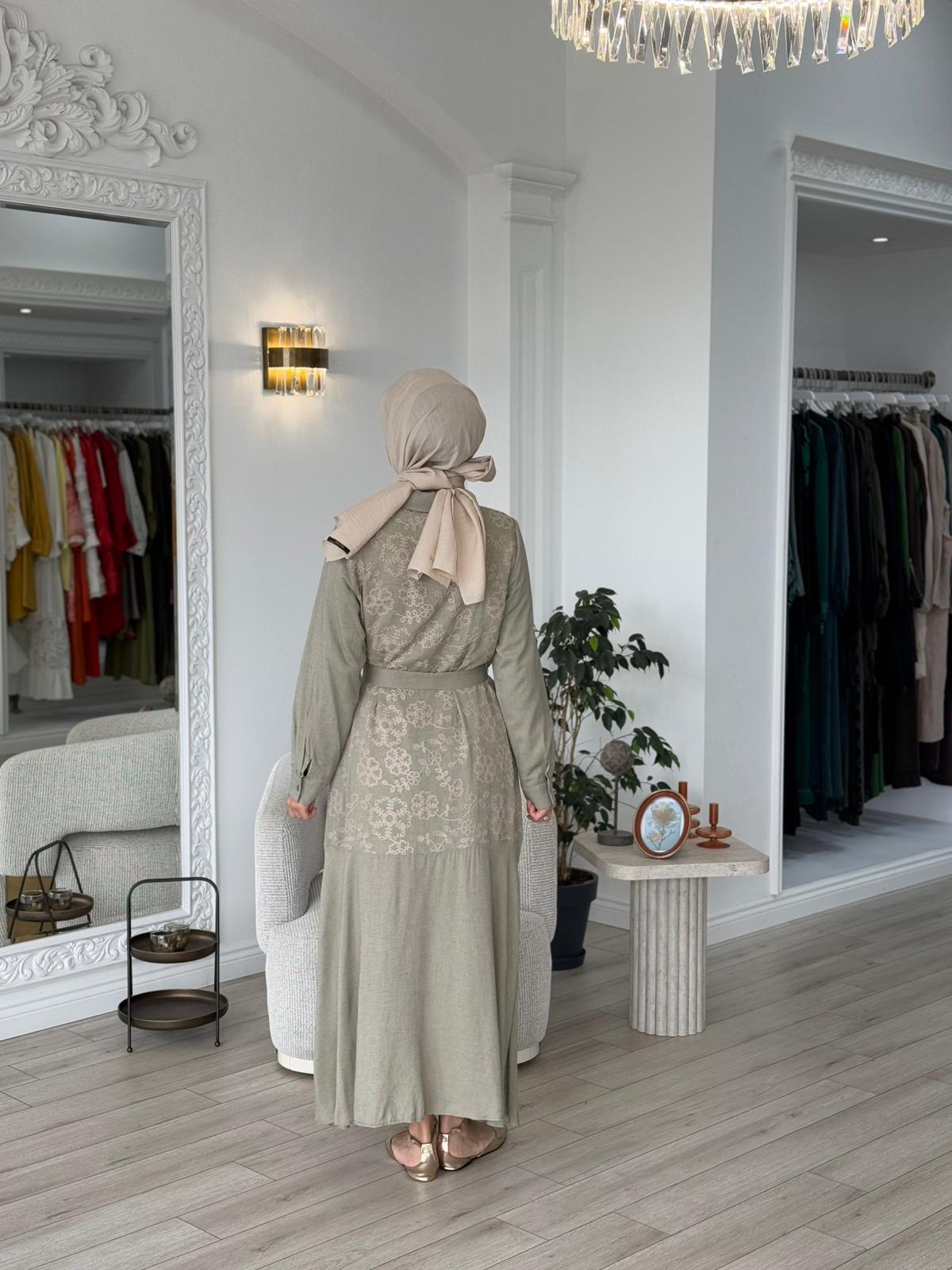 Nurcan Çetin İşleme Detaylı Elbise Haki 25144