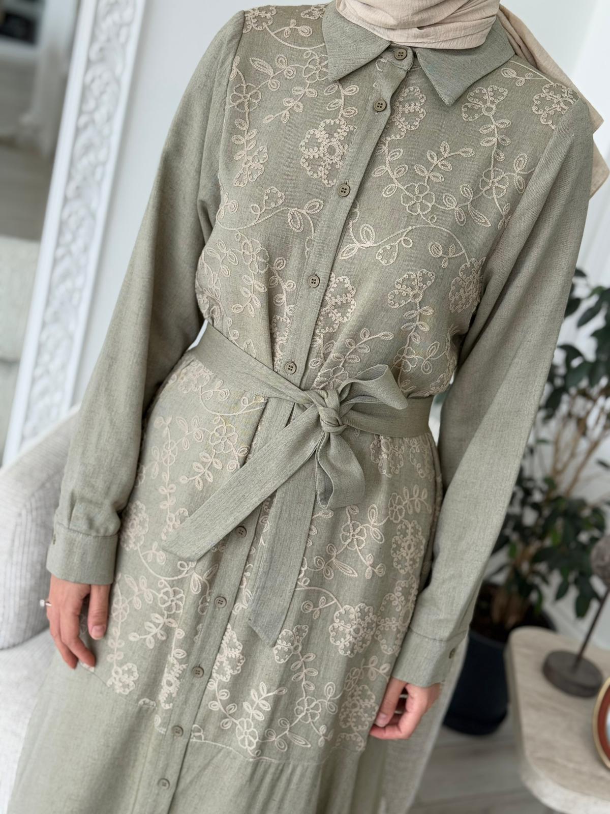 Nurcan Çetin İşleme Detaylı Elbise Haki 25144