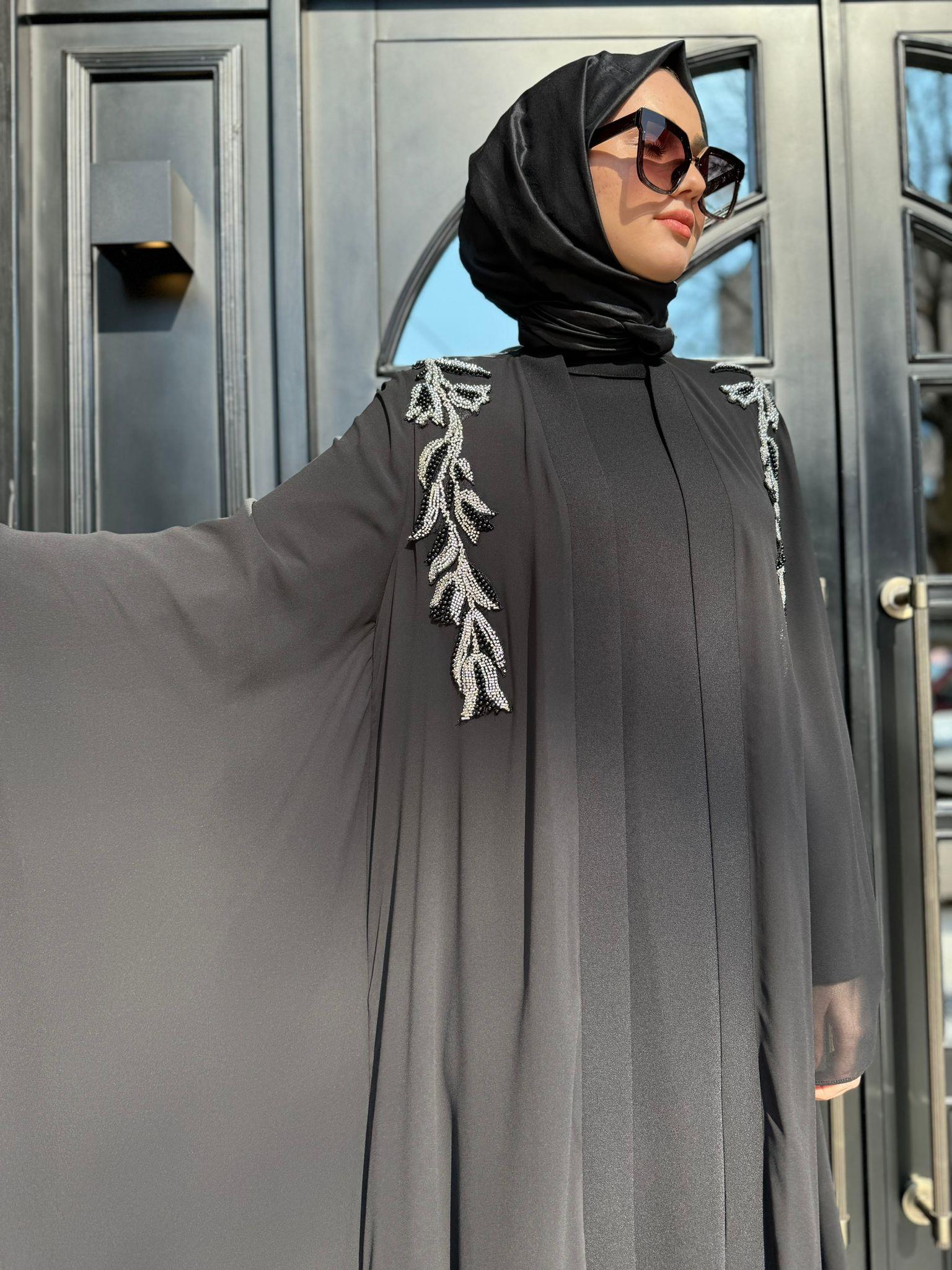 Nurcan Çetin İşlemeli Abaya Siyah 7627