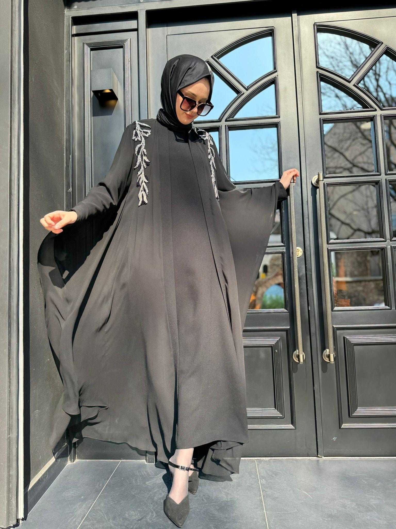 Nurcan Çetin İşlemeli Abaya Siyah 7627