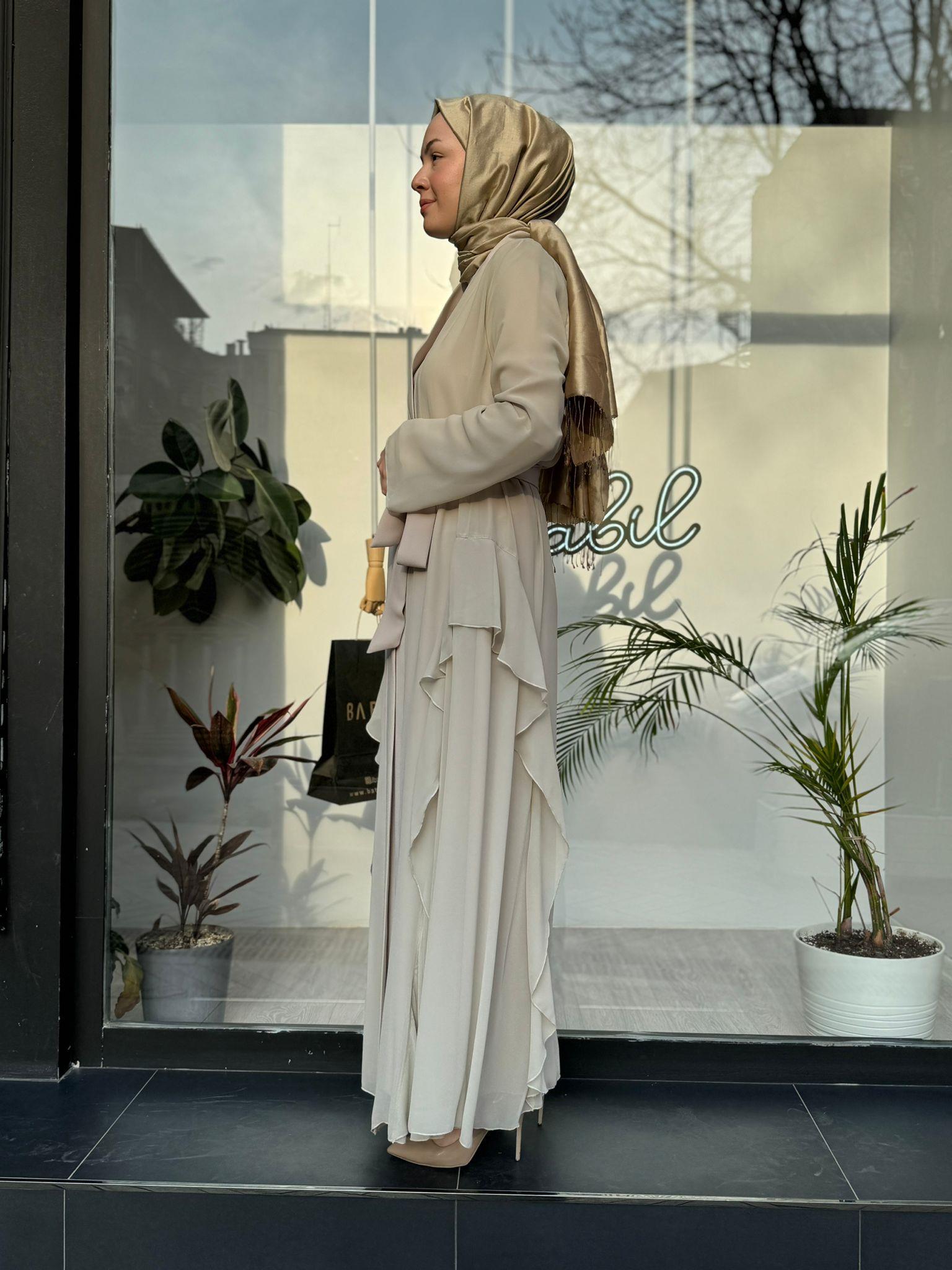 Nurcan Çetin İşlemeli İkili Abaya Bej 7640