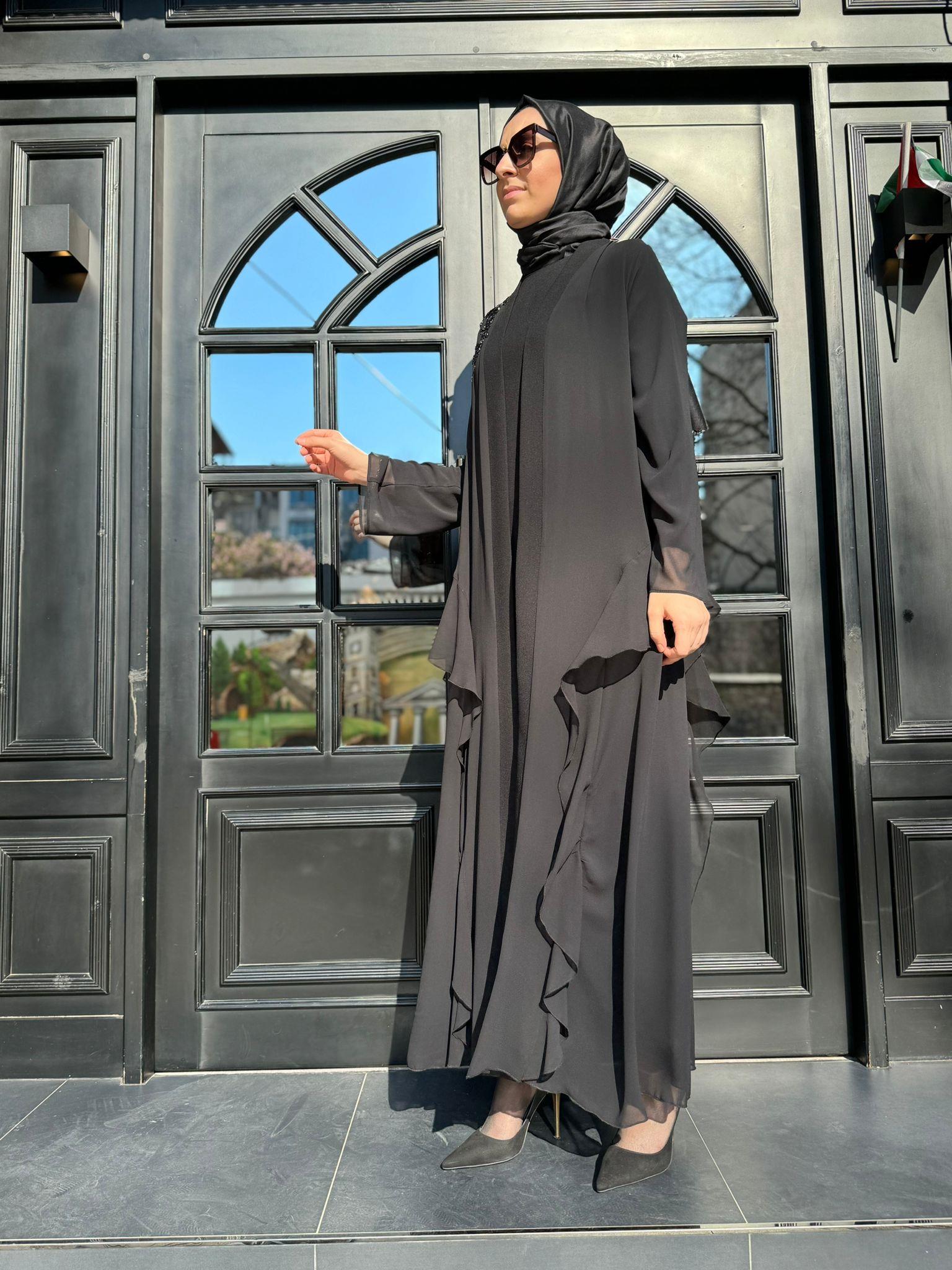 Nurcan Çetin İşlemeli İkili Abaya Siyah 7640