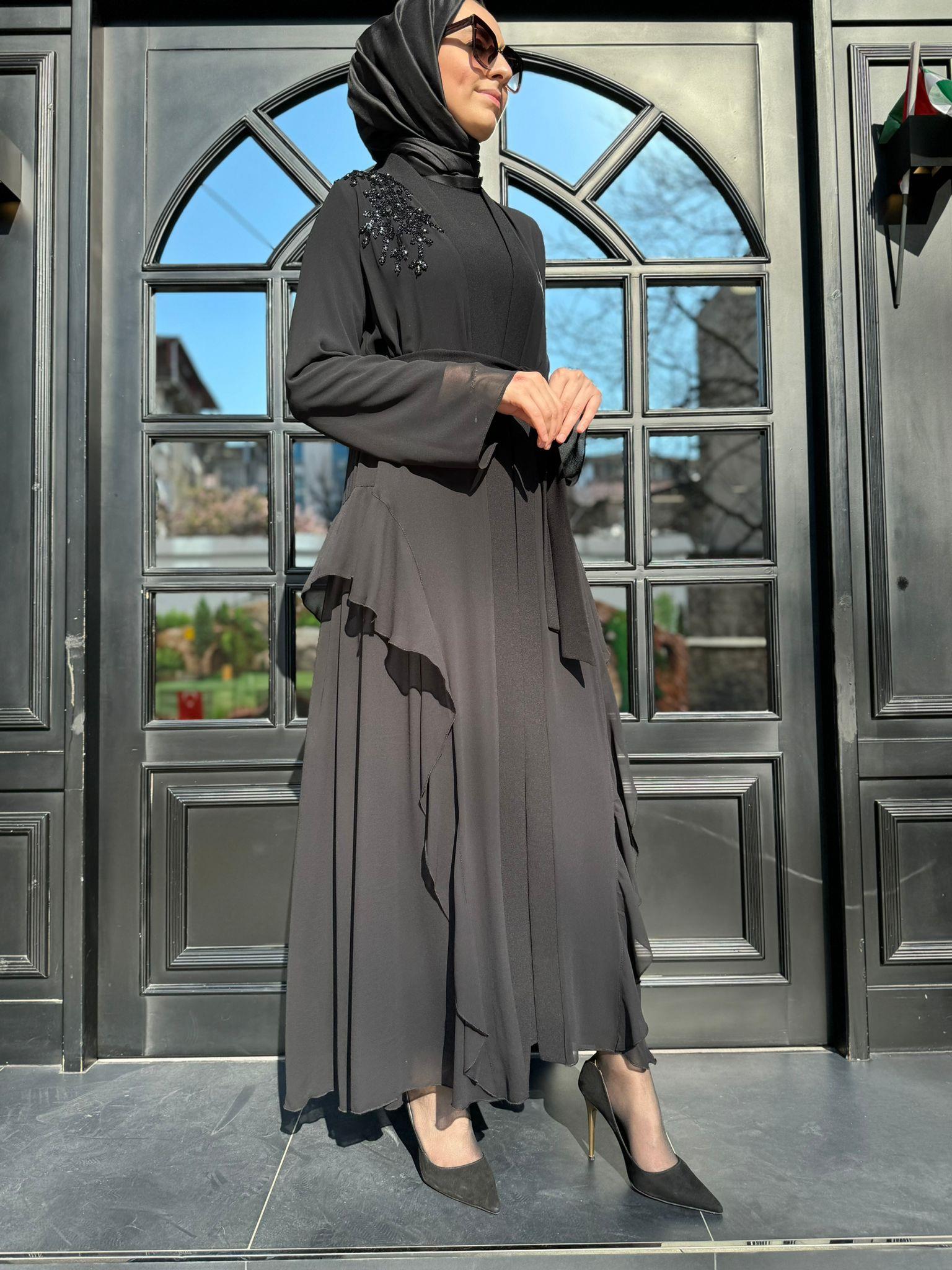 Nurcan Çetin İşlemeli İkili Abaya Siyah 7640