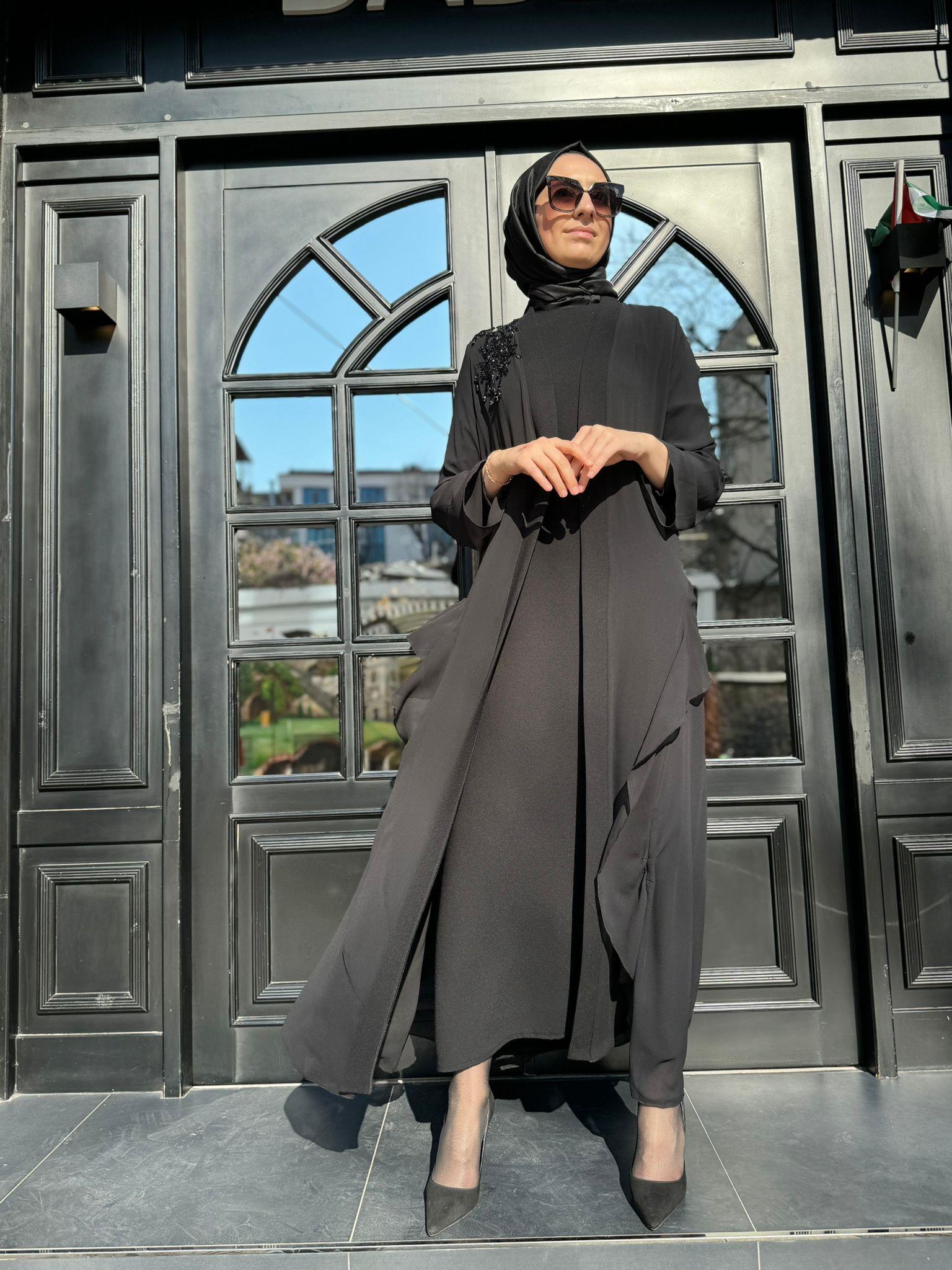 Nurcan Çetin İşlemeli İkili Abaya Siyah 7640
