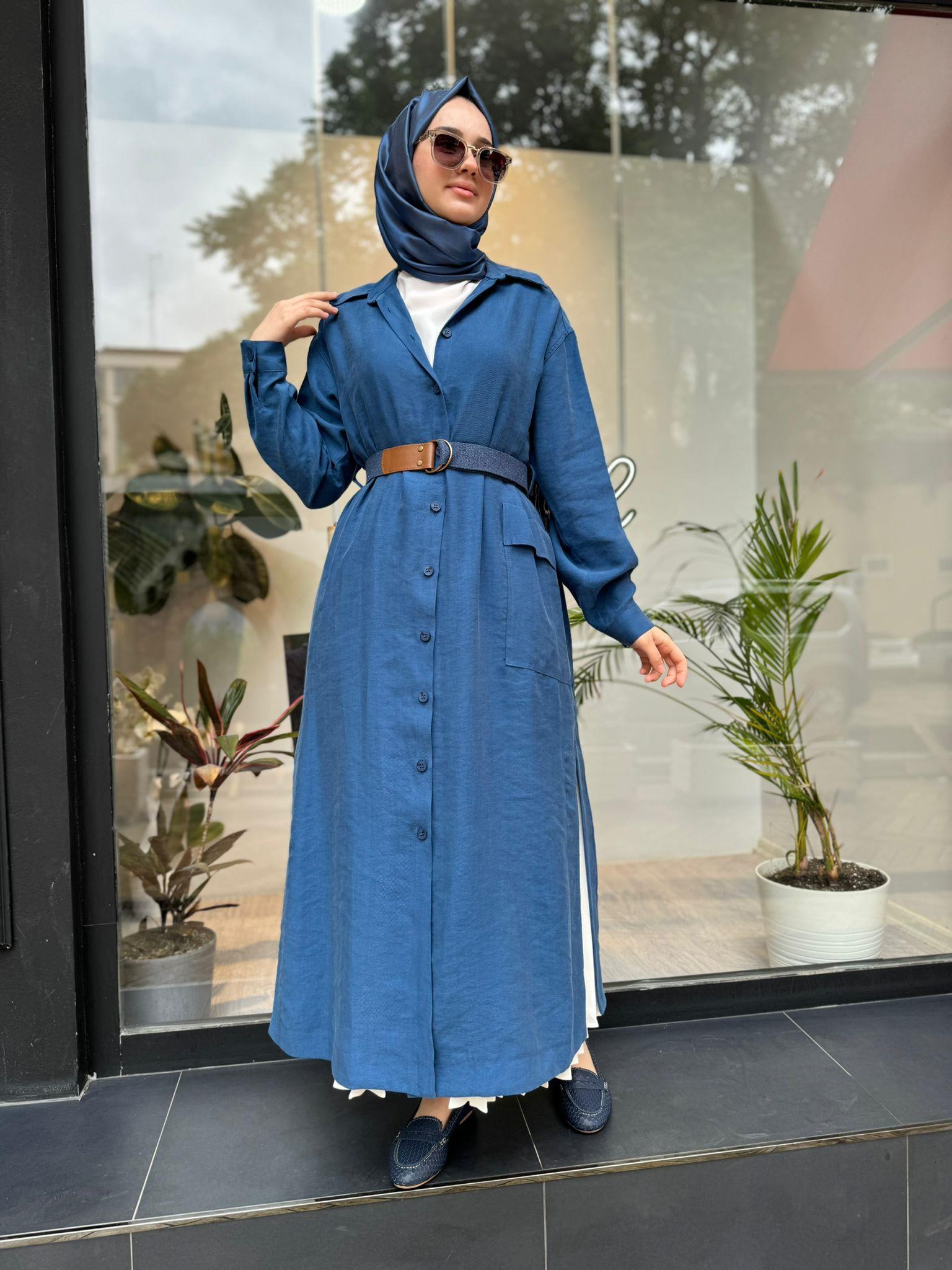 Nurcan Çetin Kemerli Uzun Tunik Gömlek Mavi 24323