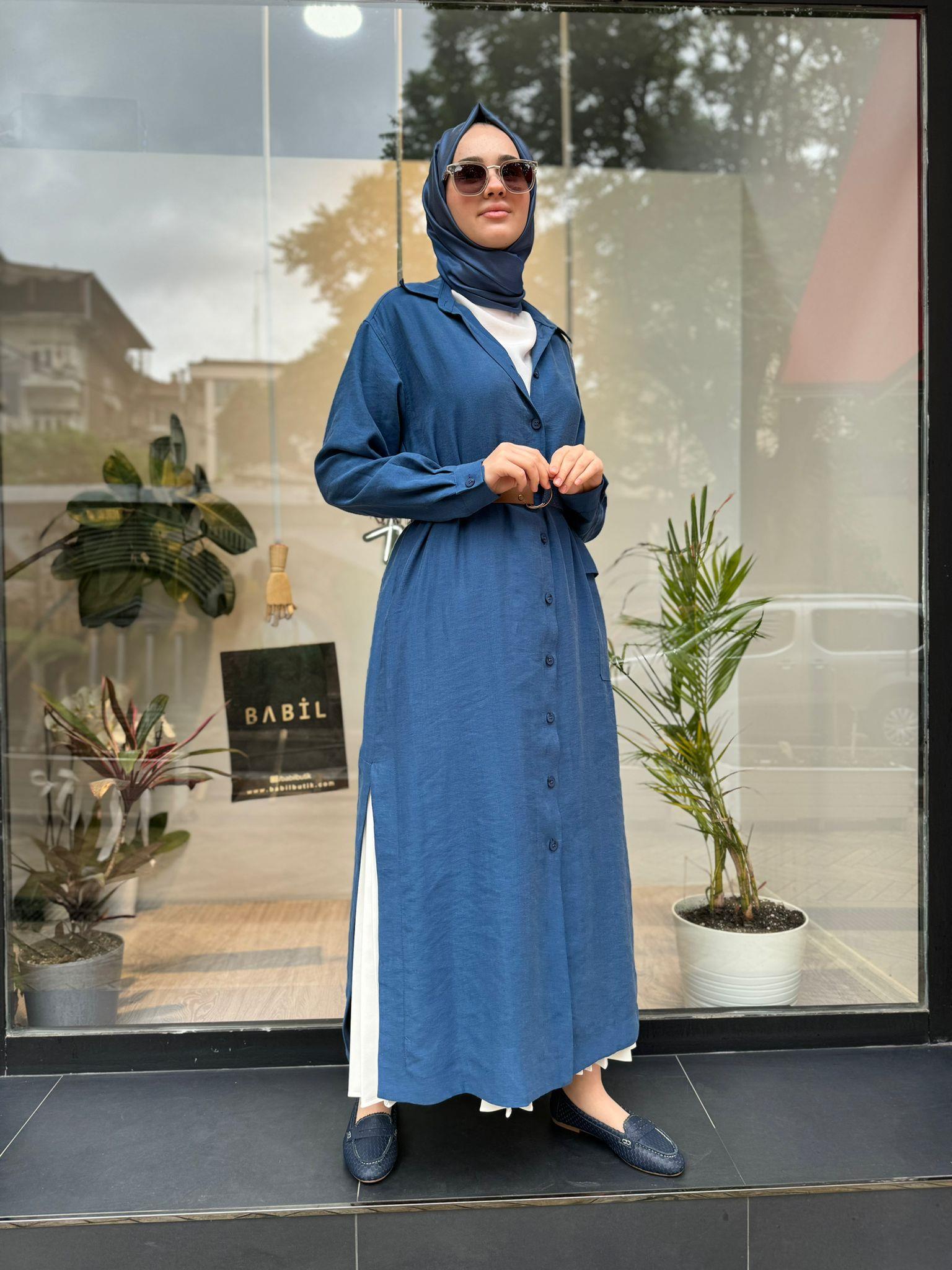 Nurcan Çetin Kemerli Uzun Tunik Gömlek Mavi 24323