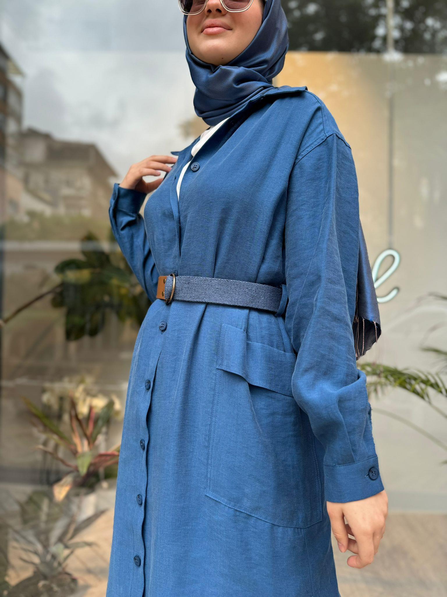 Nurcan Çetin Kemerli Uzun Tunik Gömlek Mavi 24323