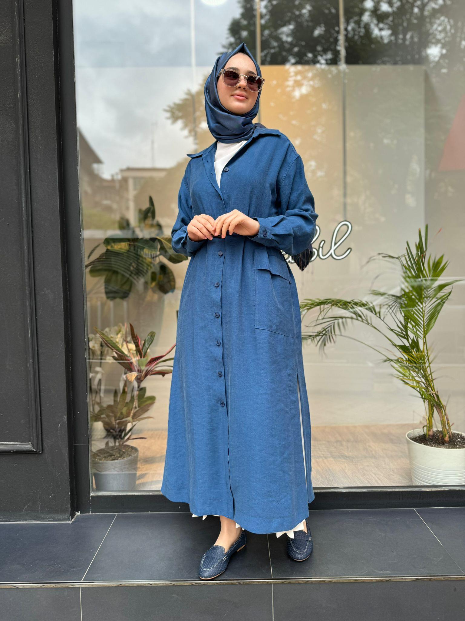 Nurcan Çetin Kemerli Uzun Tunik Gömlek Mavi 24323