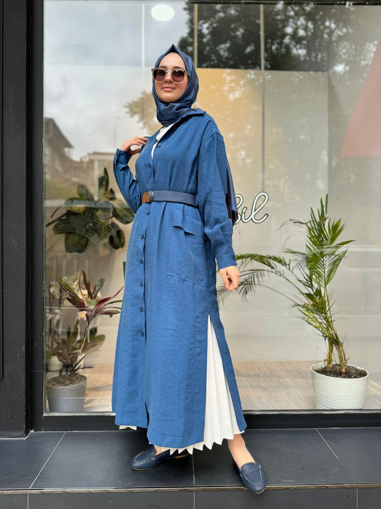 Nurcan Çetin Kemerli Uzun Tunik Gömlek Mavi 24323