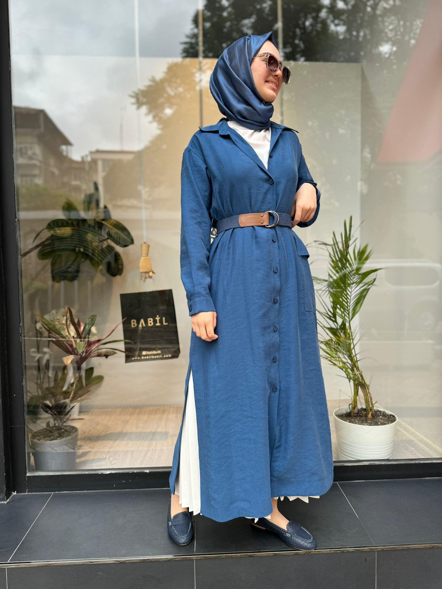 Nurcan Çetin Kemerli Uzun Tunik Gömlek Mavi 24323