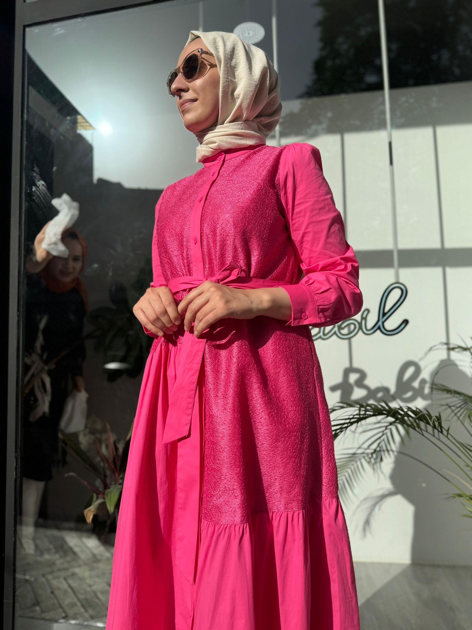 Nurcan Çetin Koton Üstü Dokulu Elbise Fuşya 24151