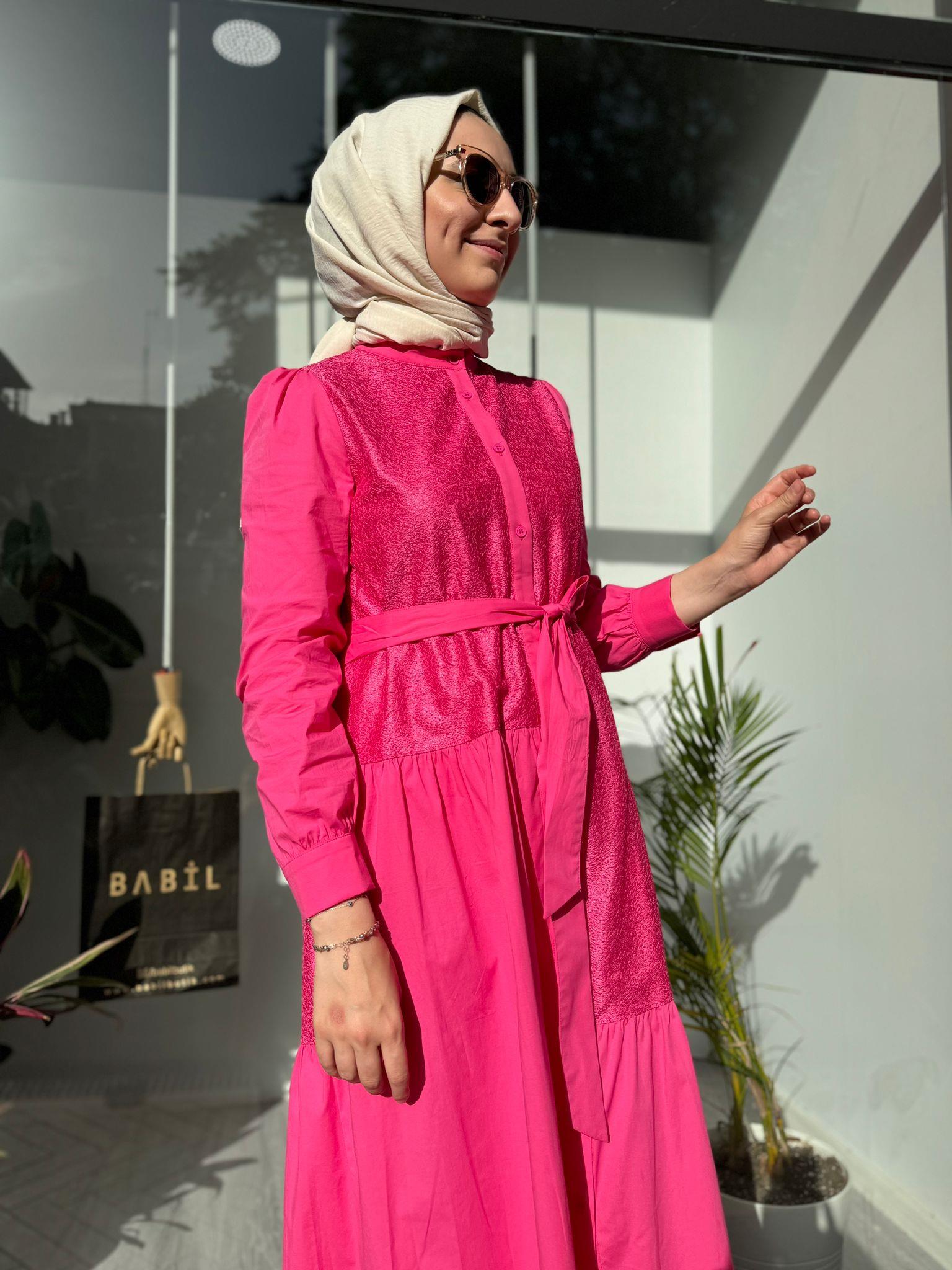 Nurcan Çetin Koton Üstü Dokulu Elbise Fuşya 24151