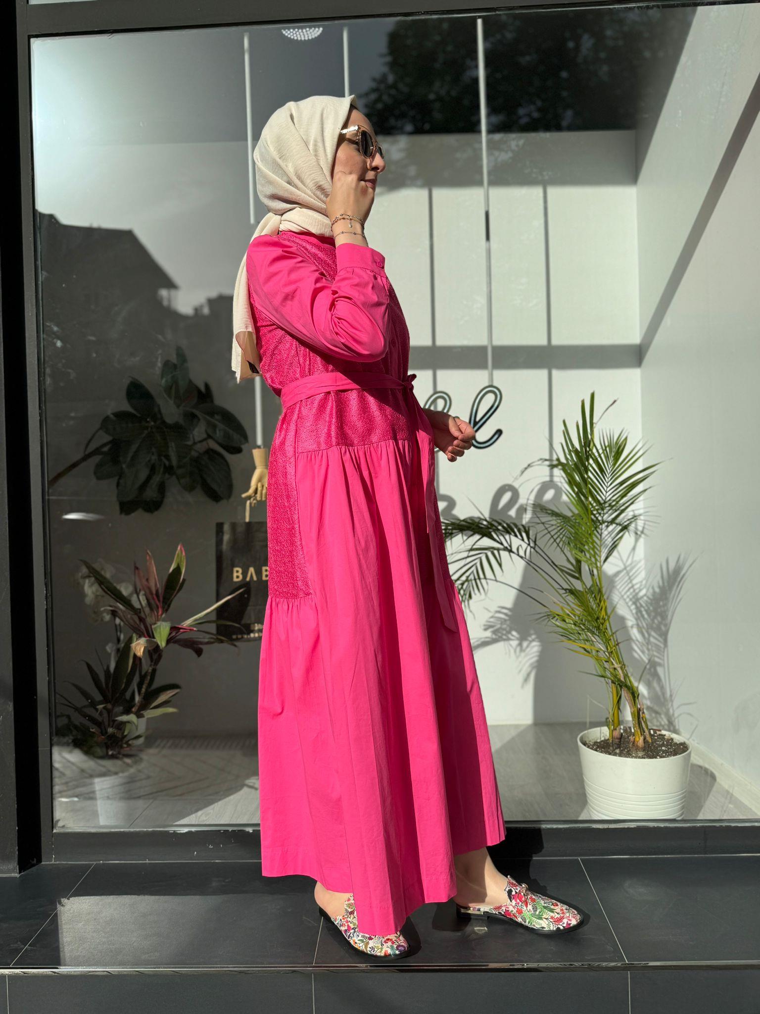 Nurcan Çetin Koton Üstü Dokulu Elbise Fuşya 24151
