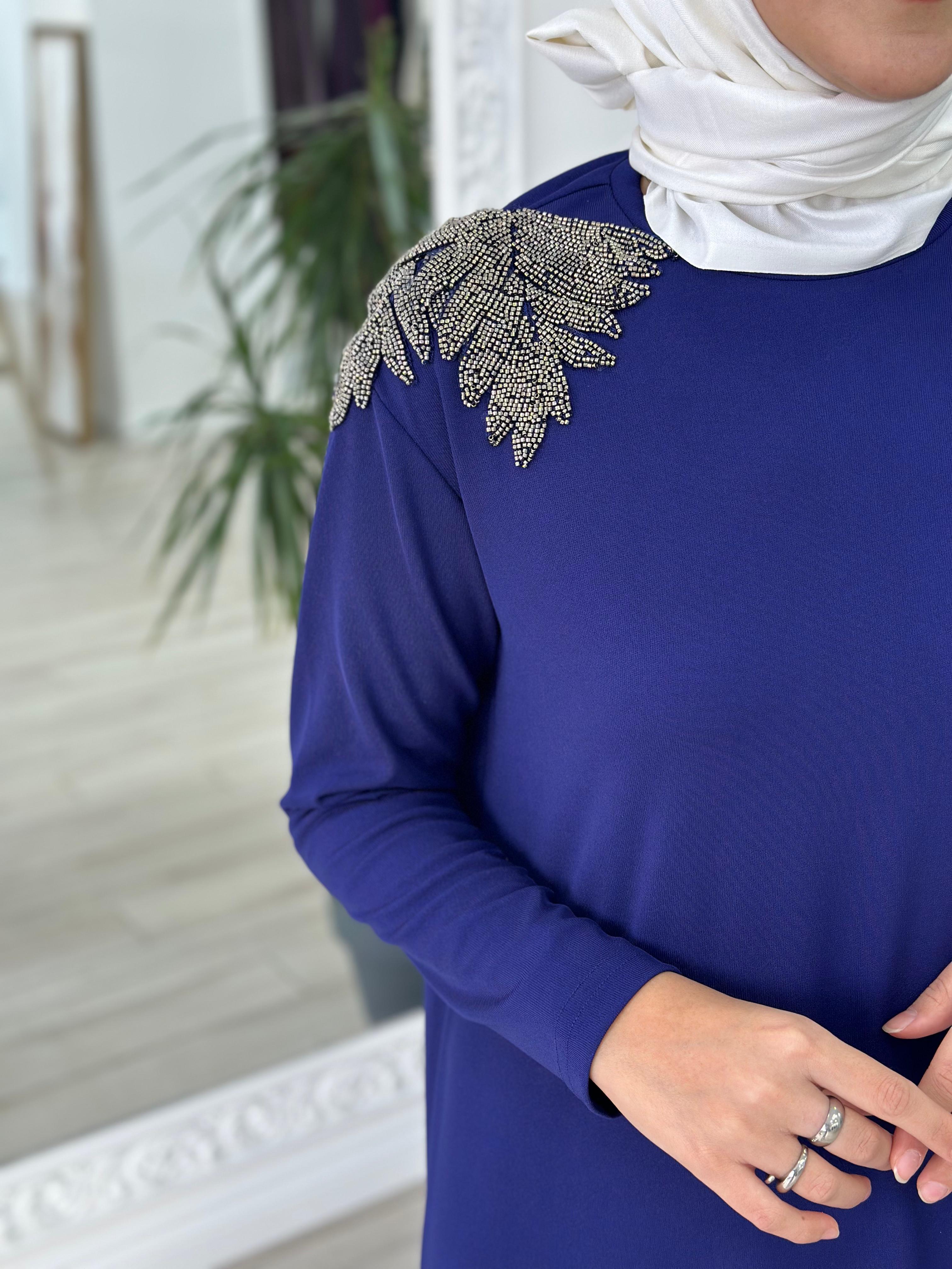 Nurcan Çetin Omuz İşlemeli Saks Elbise 16117