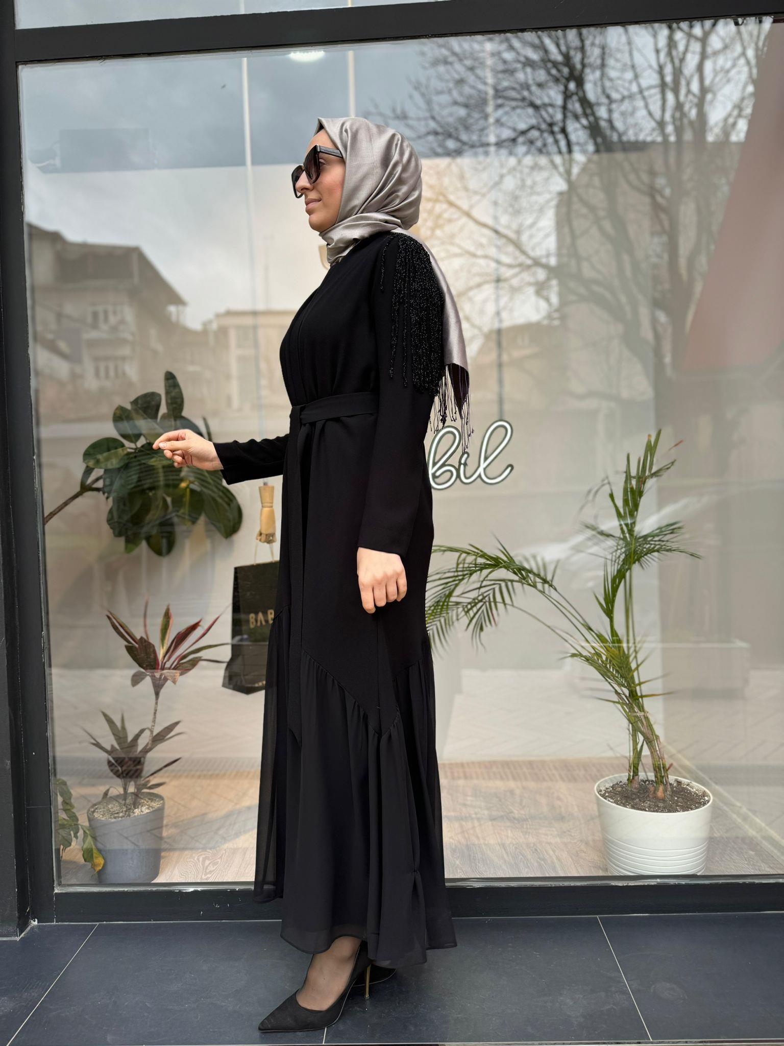 Nurcan Çetin Omzu İşlemeli Tüllü Abaya Siyah 7639