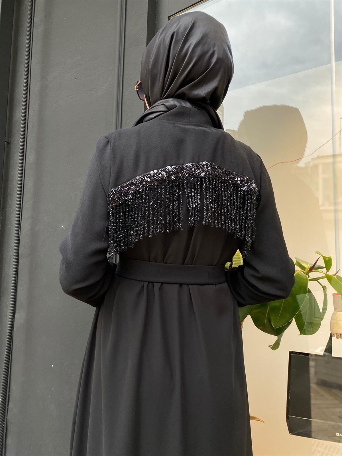 Nurcan Çetin Omzu Taşlı Siyah Abaya Takım 6808 