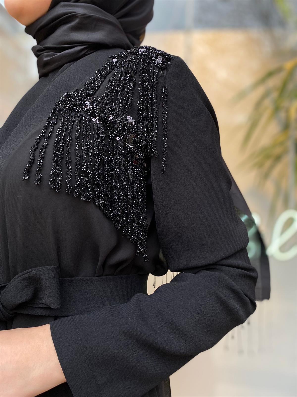 Nurcan Çetin Omzu Taşlı Siyah Abaya Takım 6808 