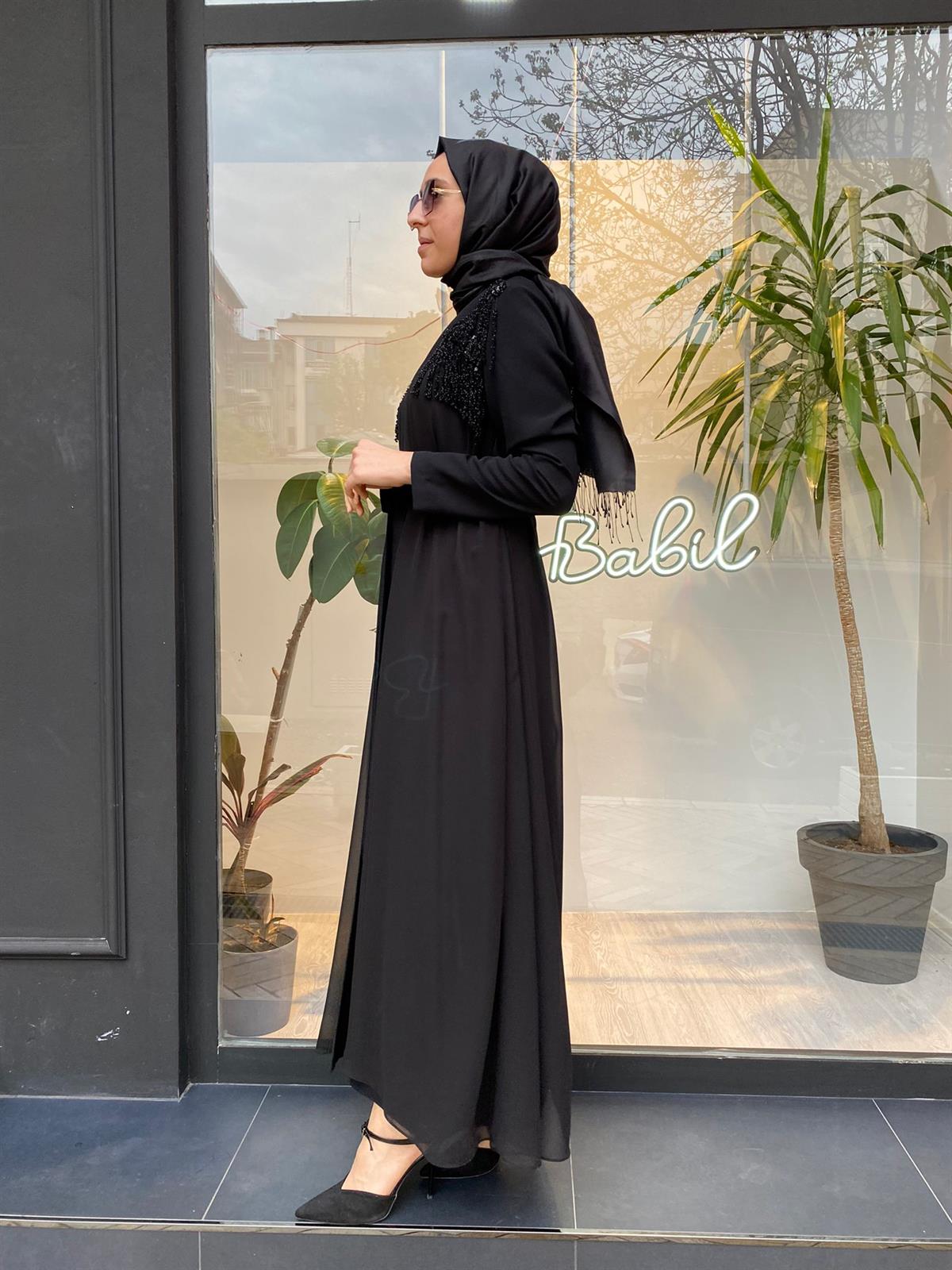 Nurcan Çetin Omzu Taşlı Siyah Abaya Takım 6808 