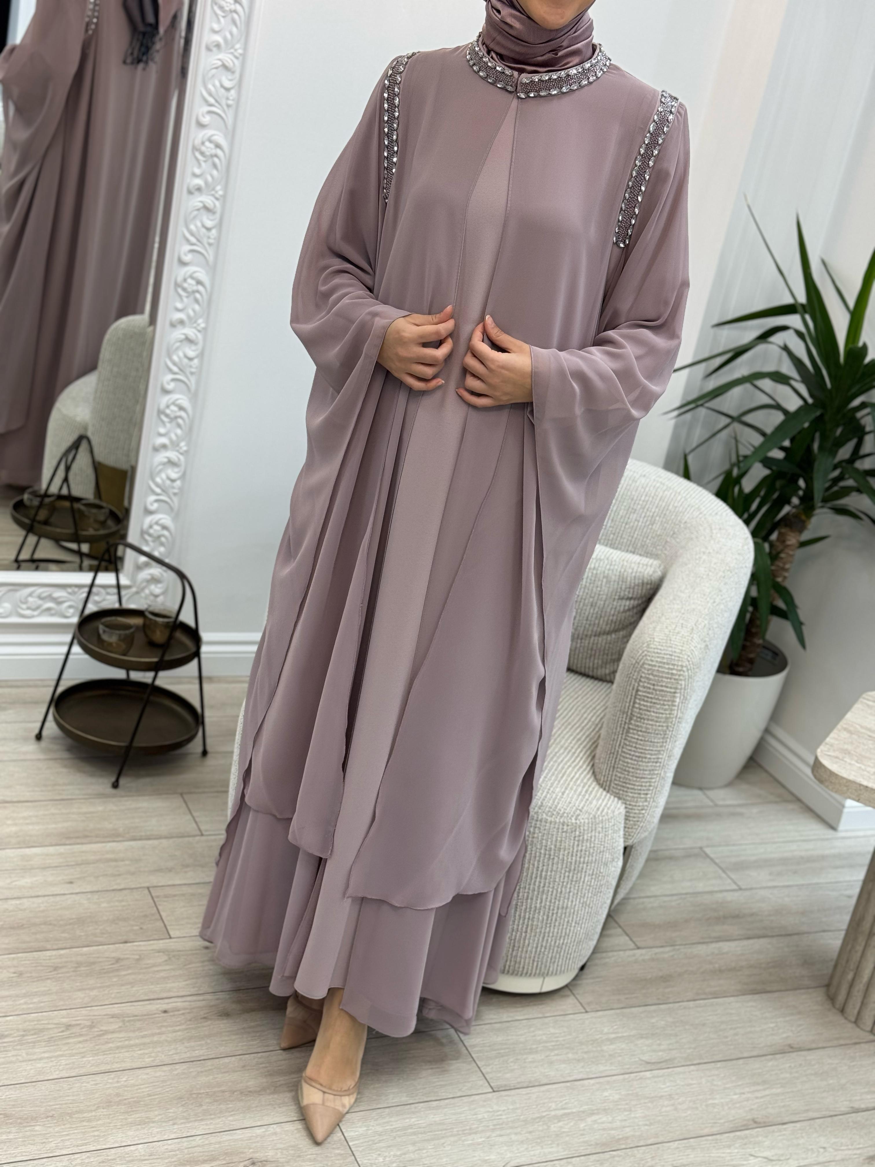 Nurcan Çetin Omzu ve Yakası Taşlı Abaya Lila 7649