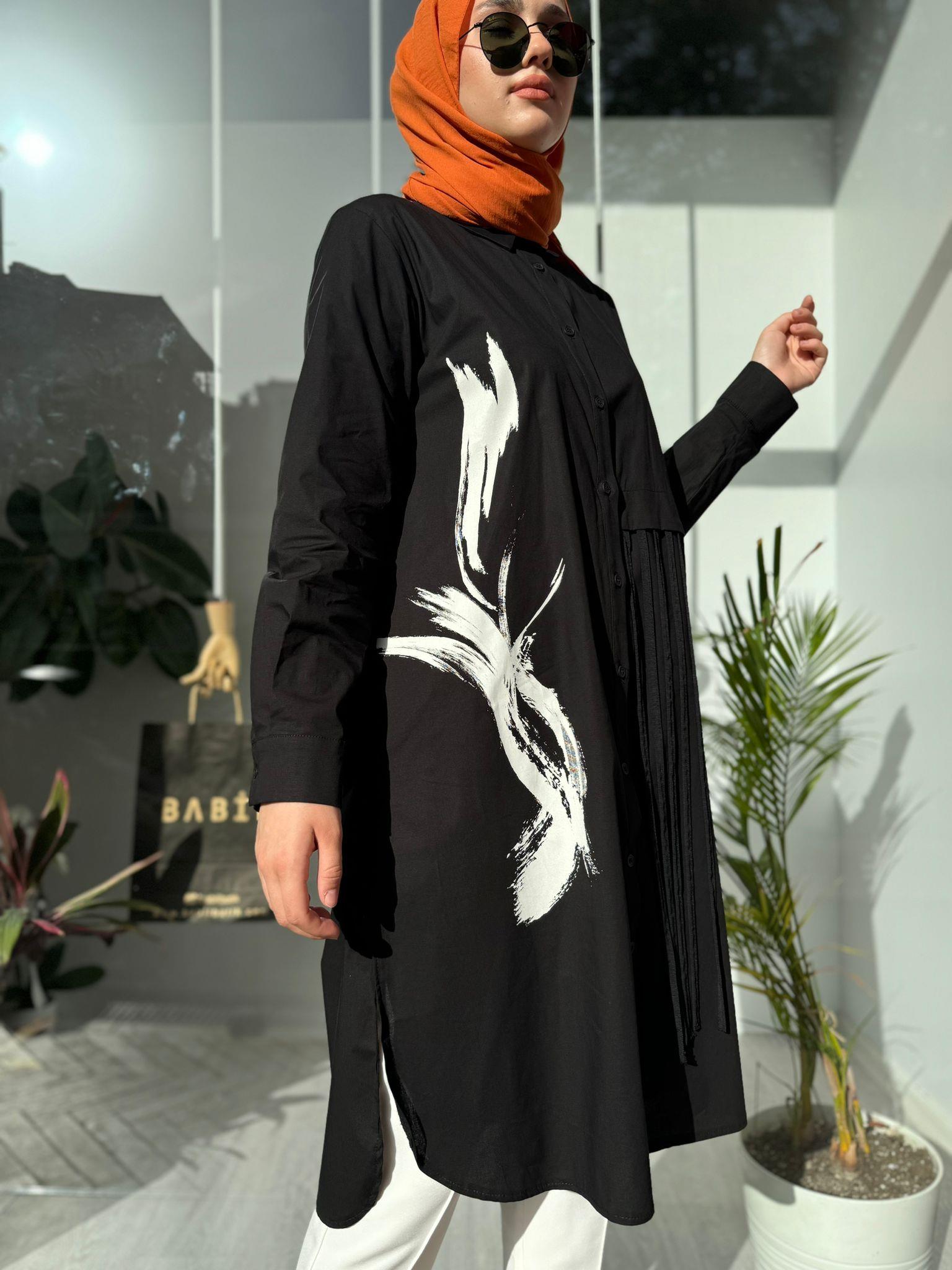 Nurcan Çetin Önü Detaylı Uzun Tunik Siyah 24314