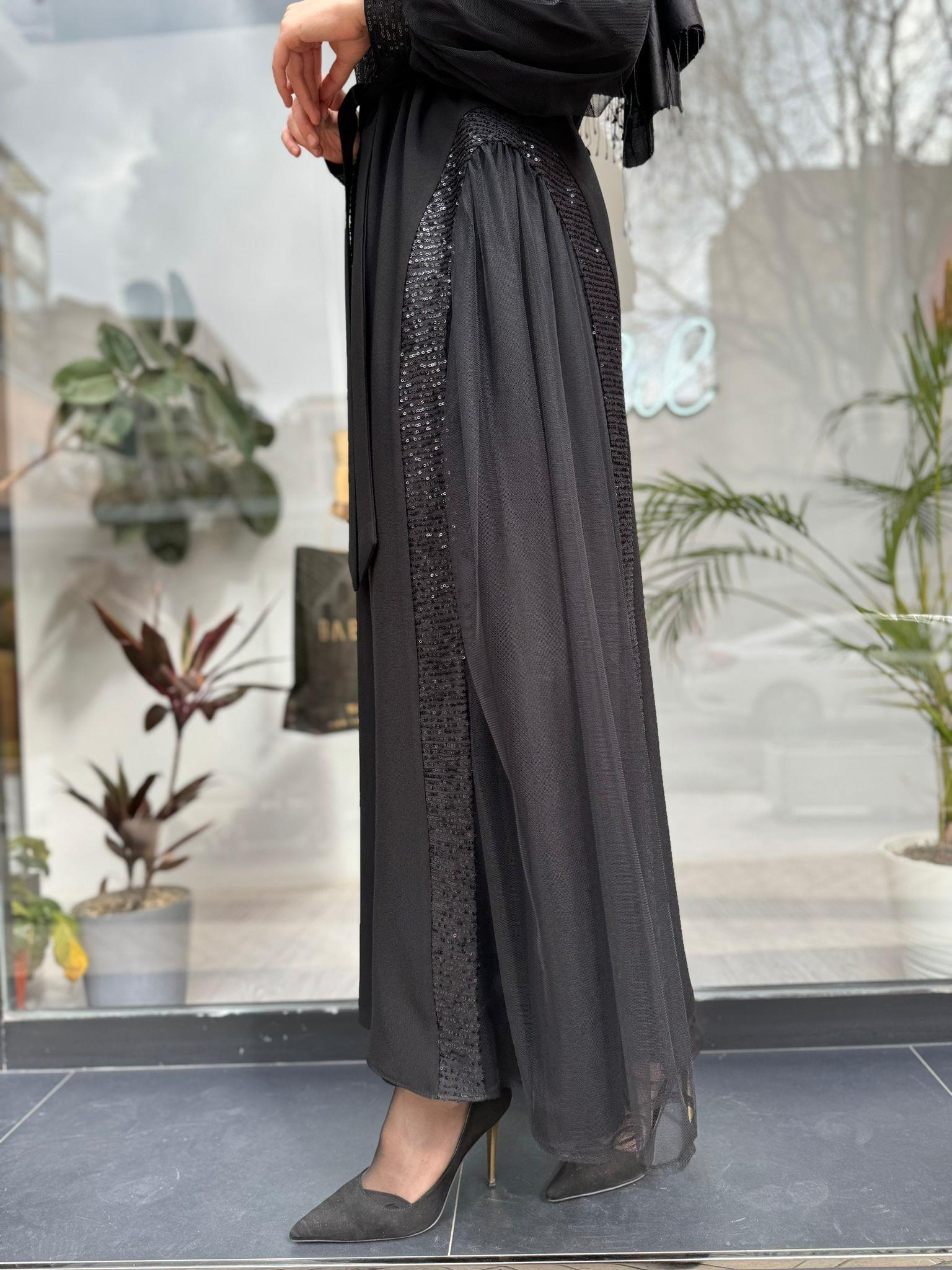 Nurcan Çetin Payet Tül Detaylı Abaya Siyah 7634