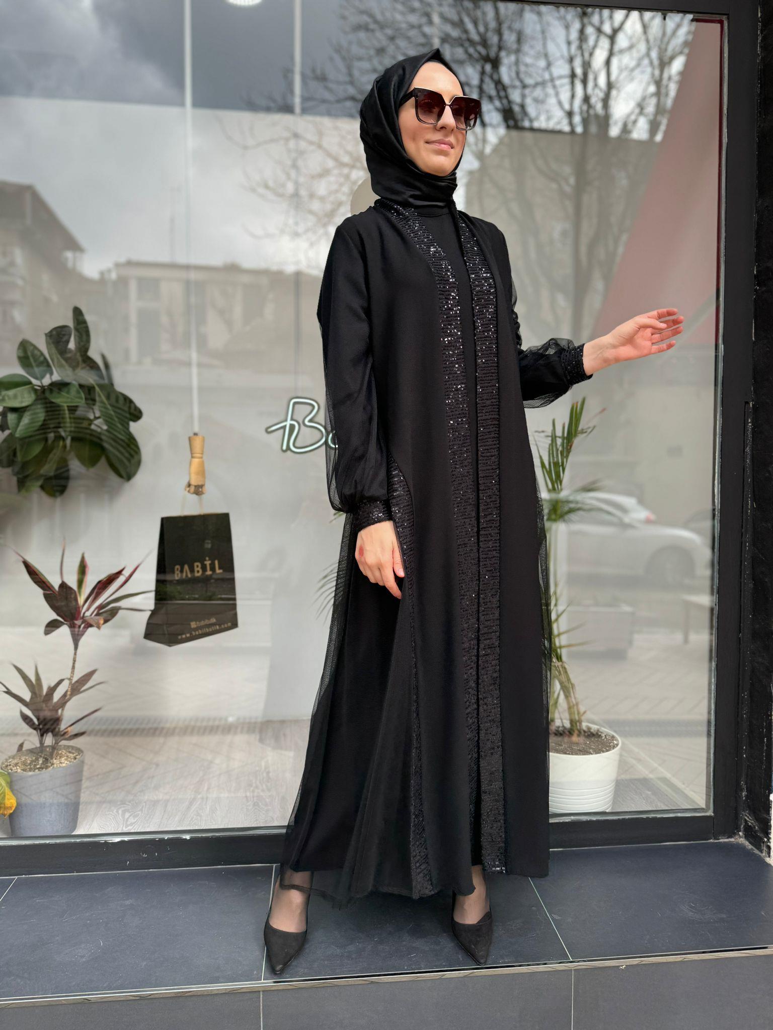 Nurcan Çetin Payet Tül Detaylı Abaya Siyah 7634
