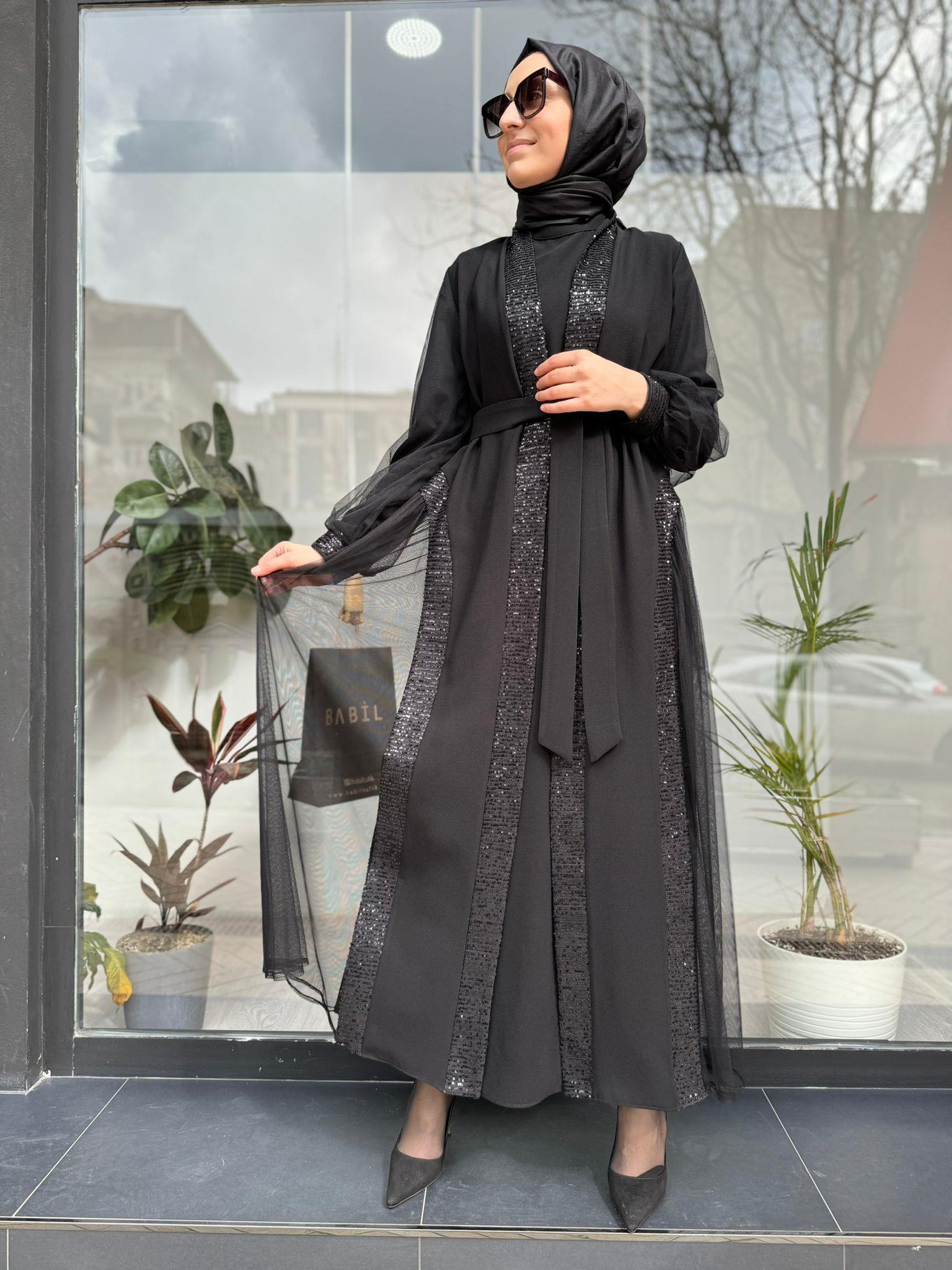 Nurcan Çetin Payet Tül Detaylı Abaya Siyah 7634