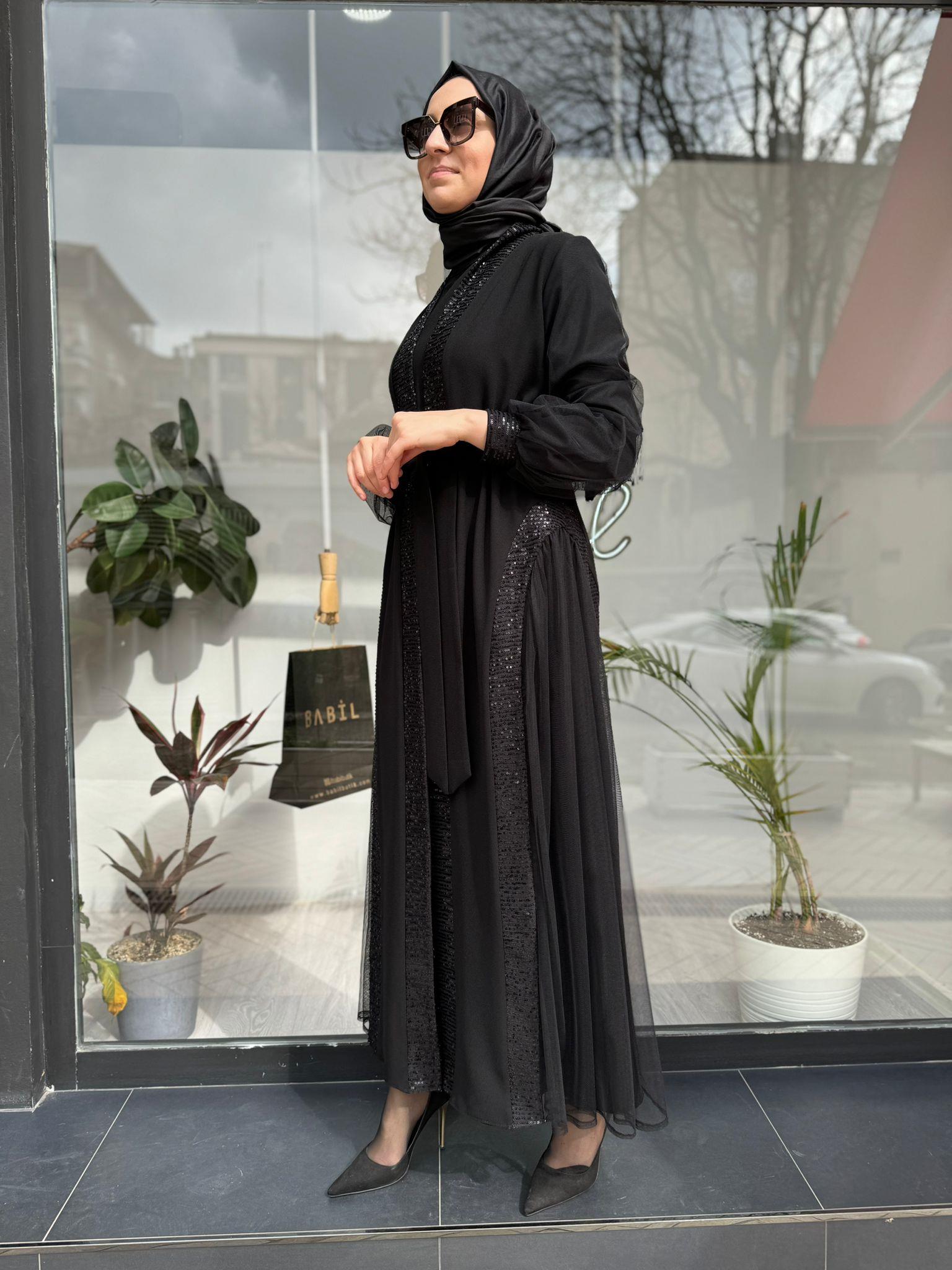 Nurcan Çetin Payet Tül Detaylı Abaya Siyah 7634