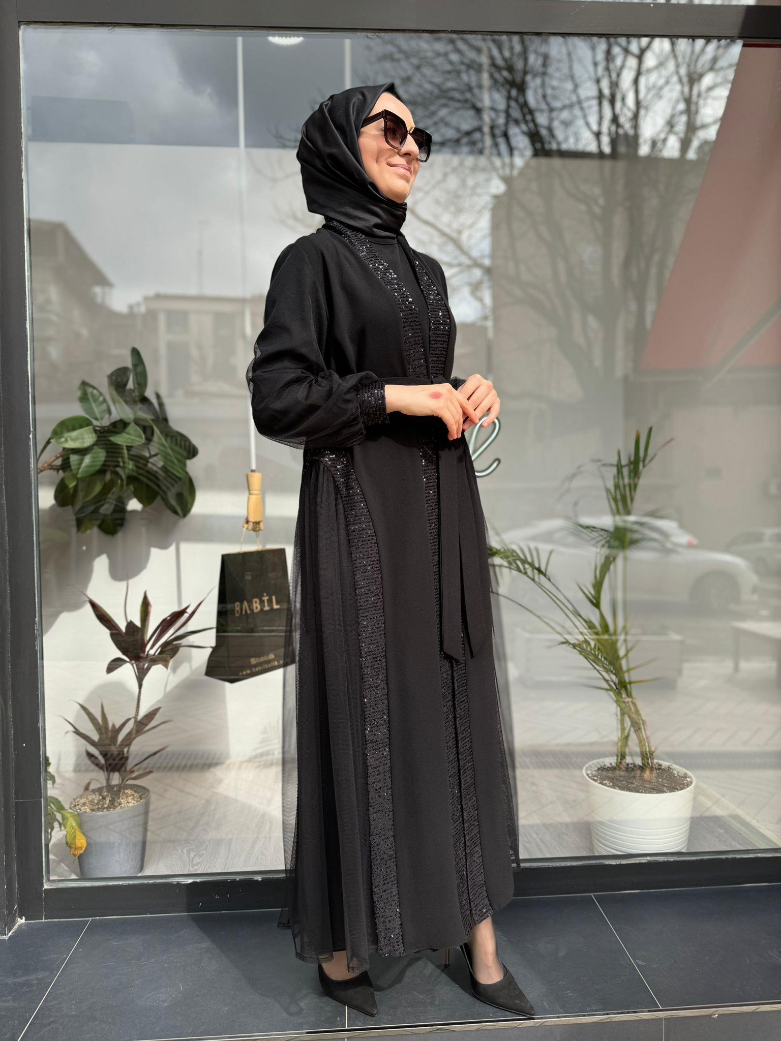 Nurcan Çetin Payet Tül Detaylı Abaya Siyah 7634