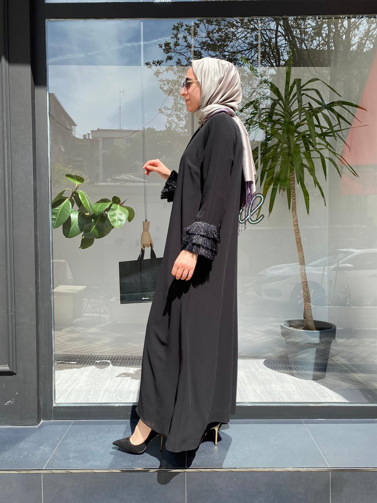 Nurcan Çetin Siyah KoluTüllü Basic Ferace 6904