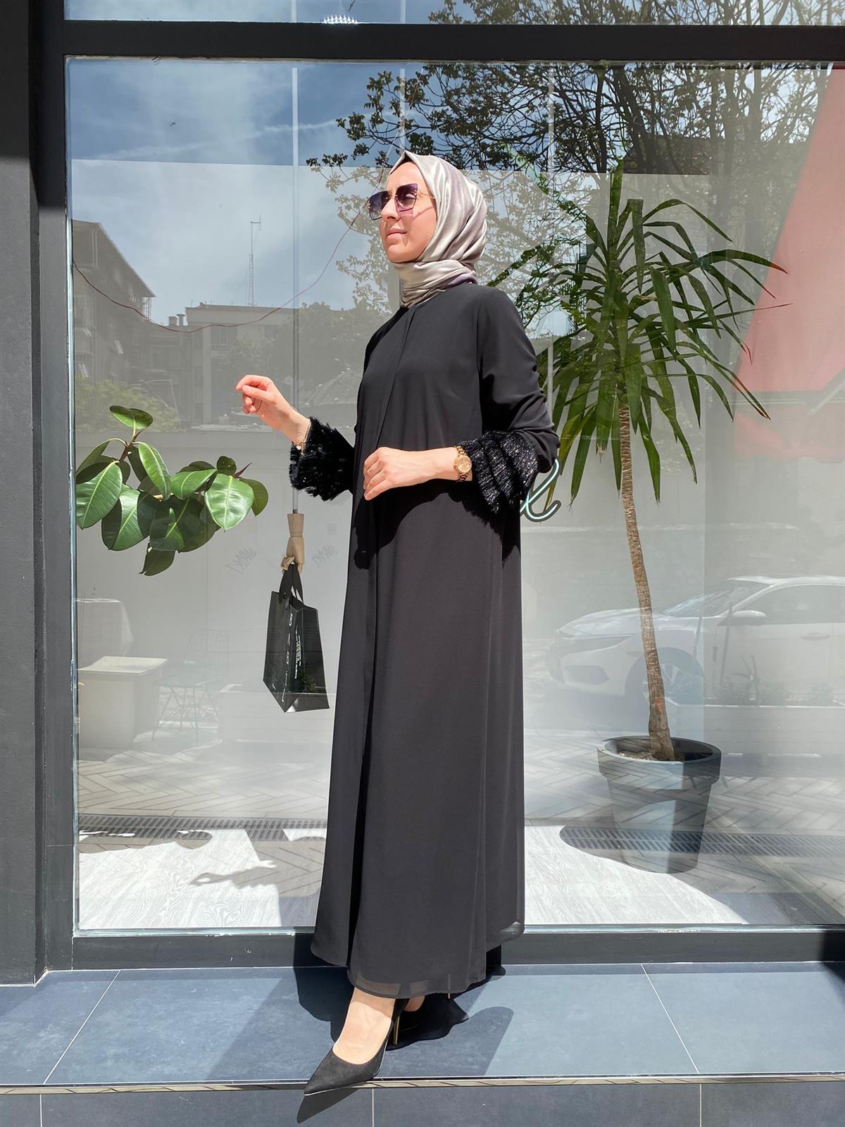 Nurcan Çetin Siyah KoluTüllü Basic Ferace 6904