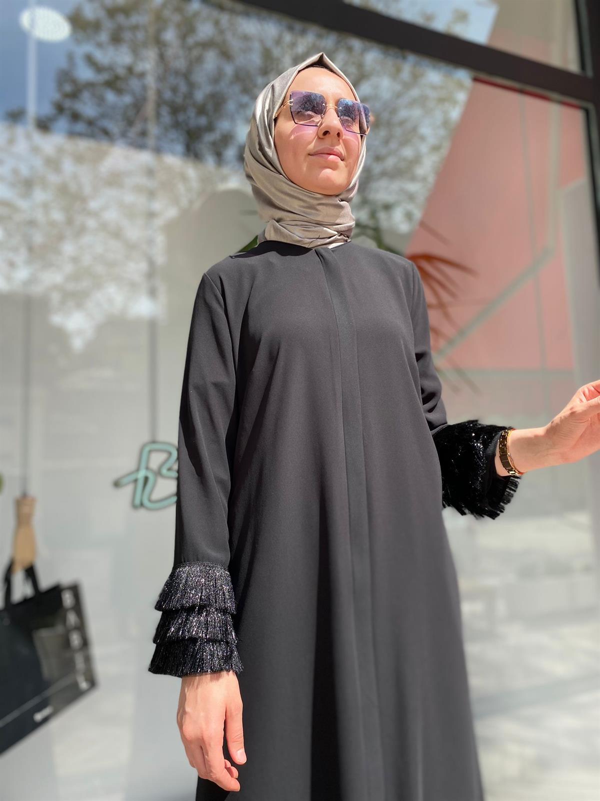 Nurcan Çetin Siyah KoluTüllü Basic Ferace 6904