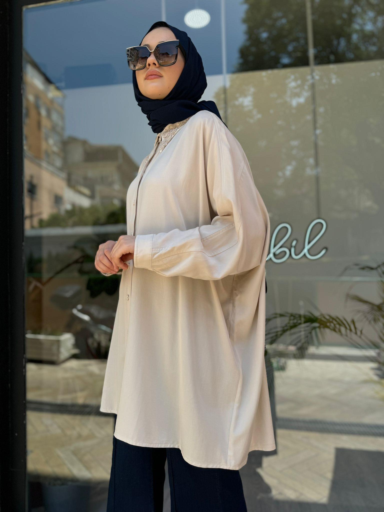 Nurcan Çetin Tensel Yakası Taşlı Tunik Taş 24317