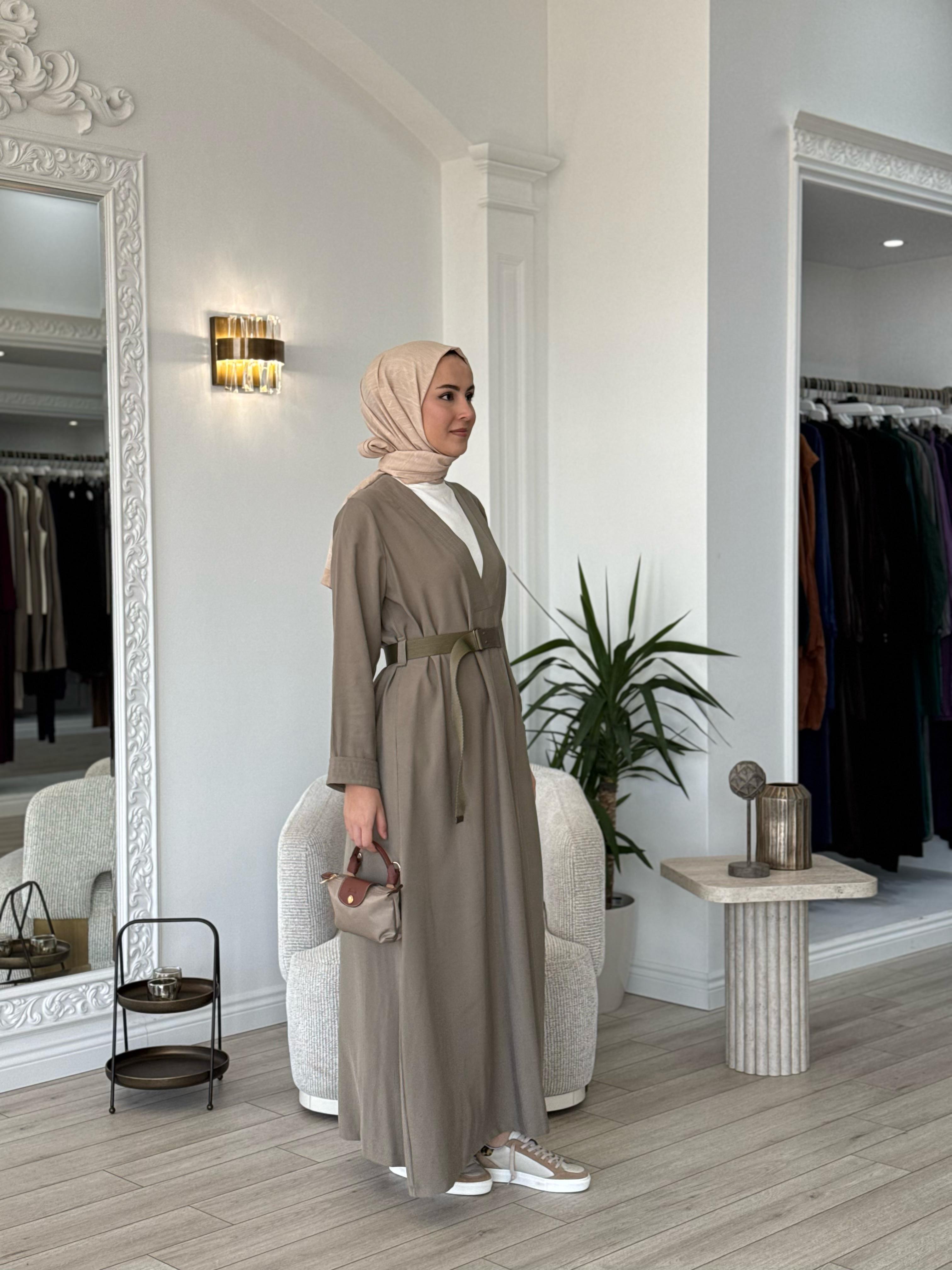 Nurcan Çetin V Yaka Kemerli Elbise Haki 25112