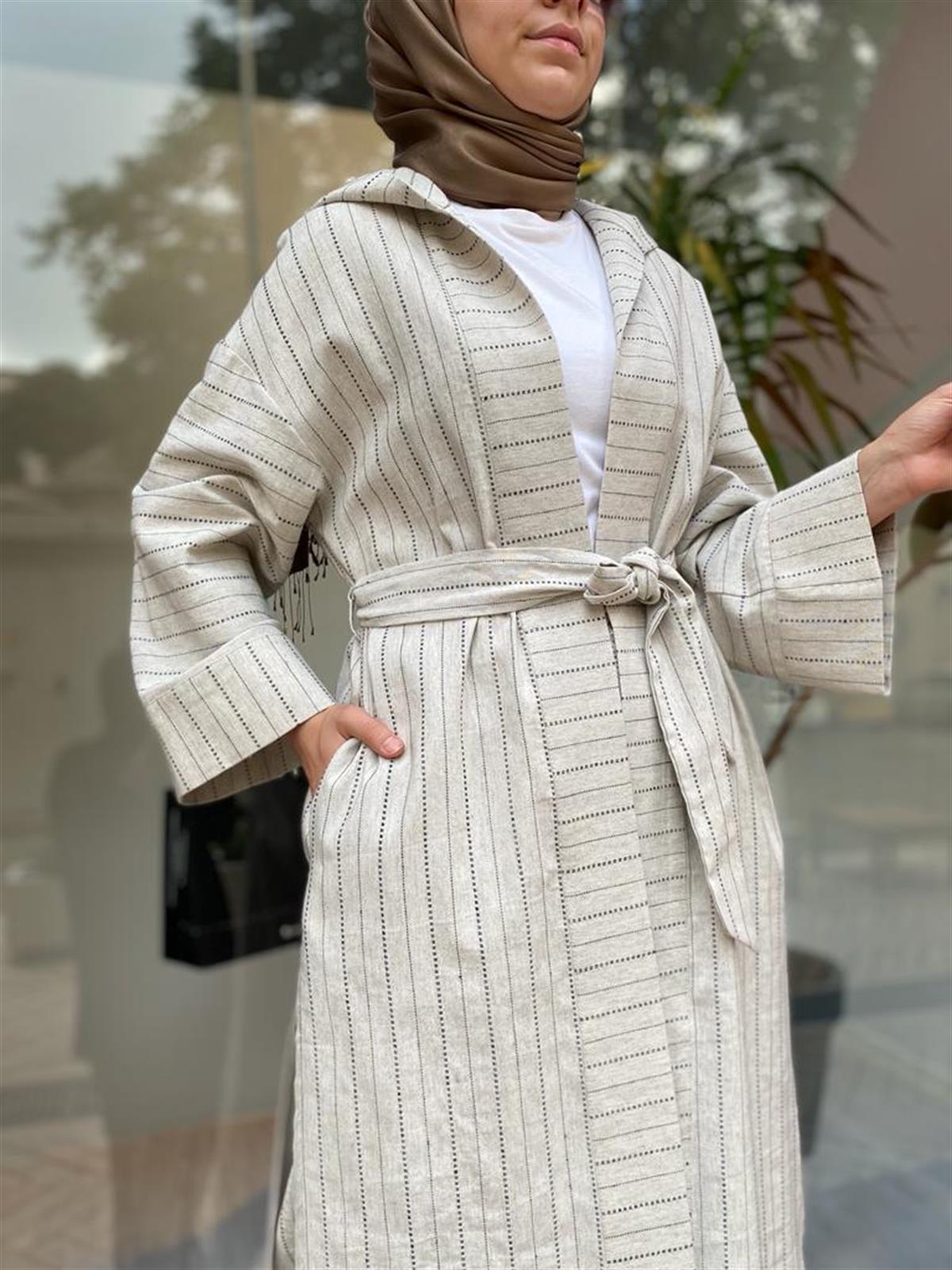 Qooq Bej Çizgili Keten Abaya 23SS605