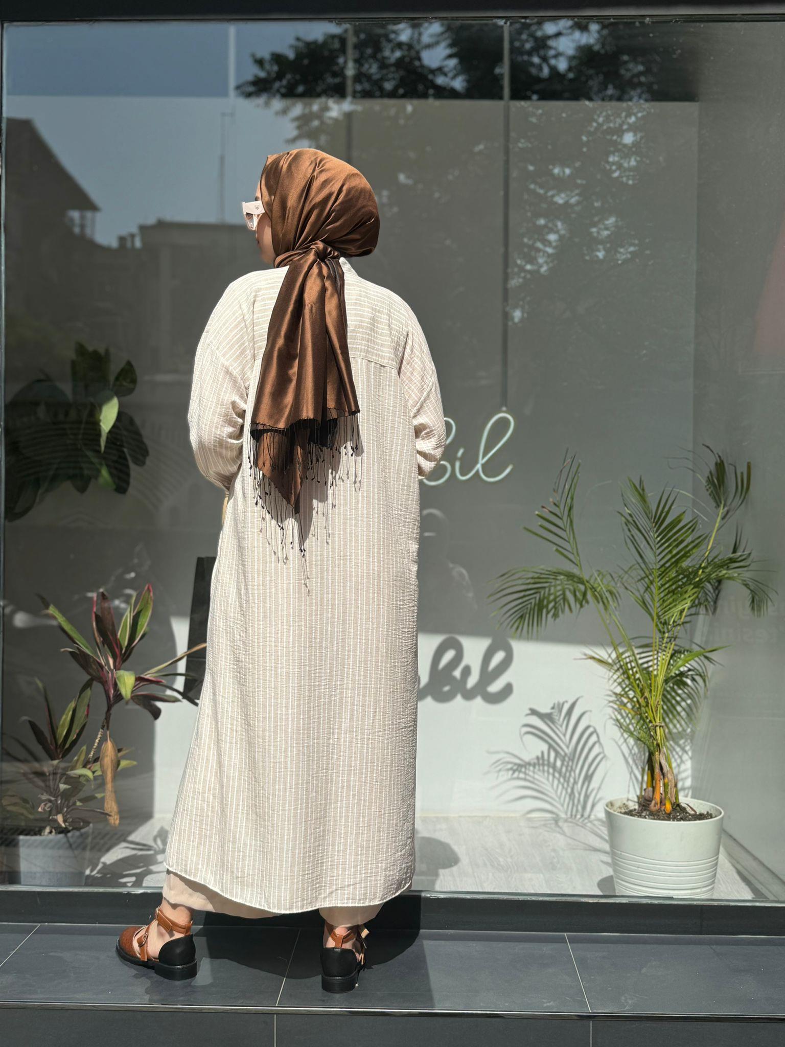 QOOQ Çizgili Keten Elbise Gömlek Bej 24ss249