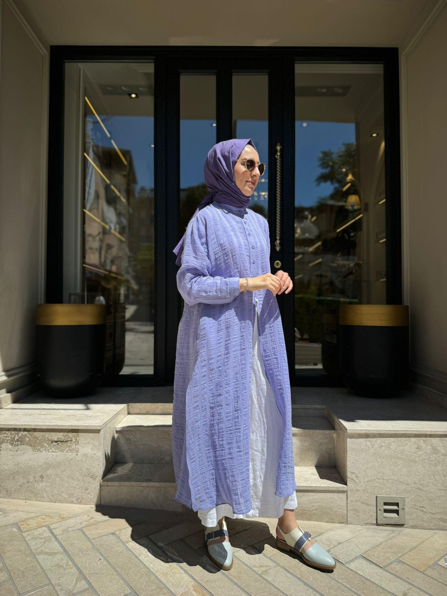 QOOQ Çizgili Keten Elbise Gömlek Lila 24ss249
