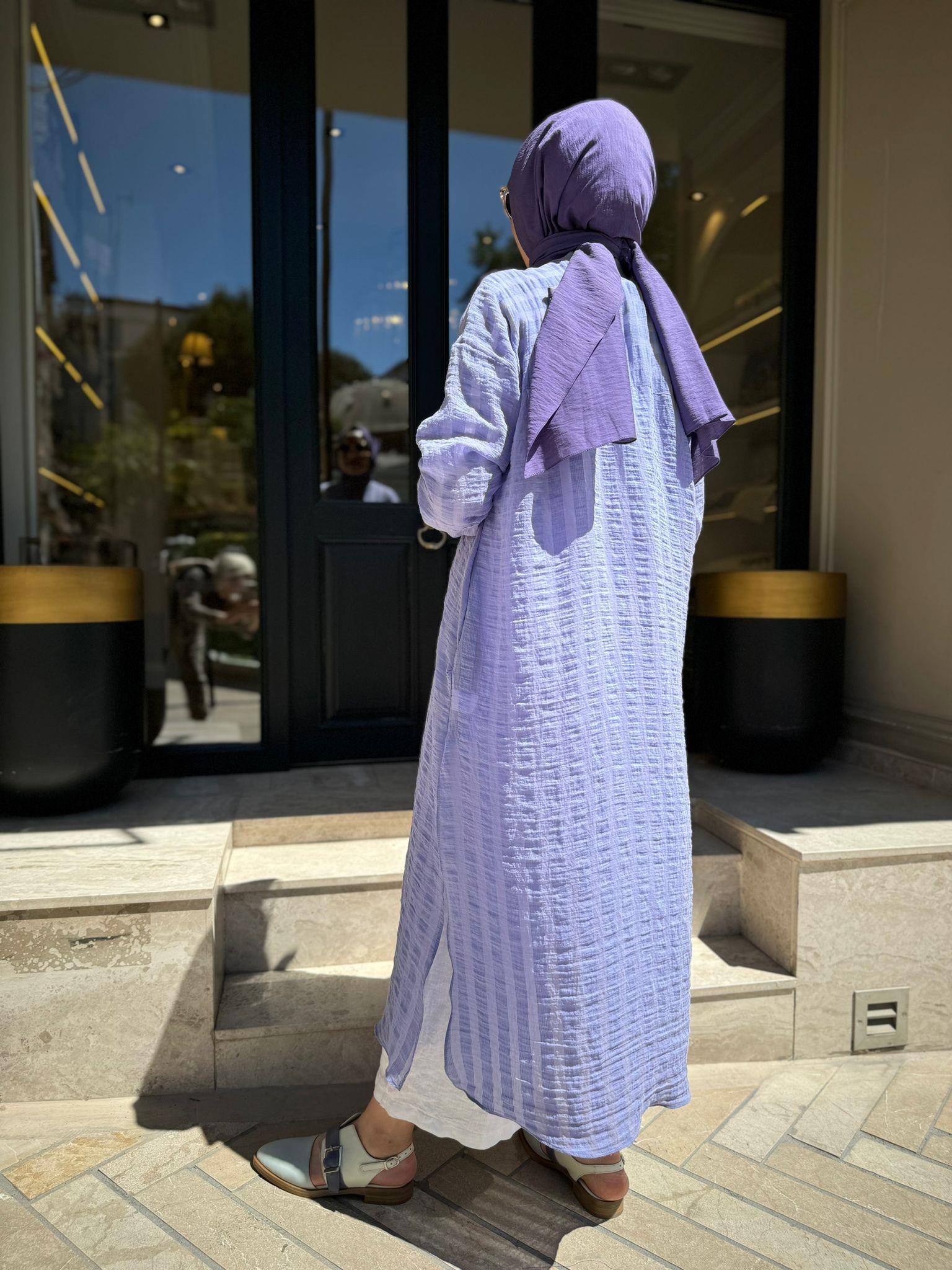 QOOQ Çizgili Keten Elbise Gömlek Lila 24ss249